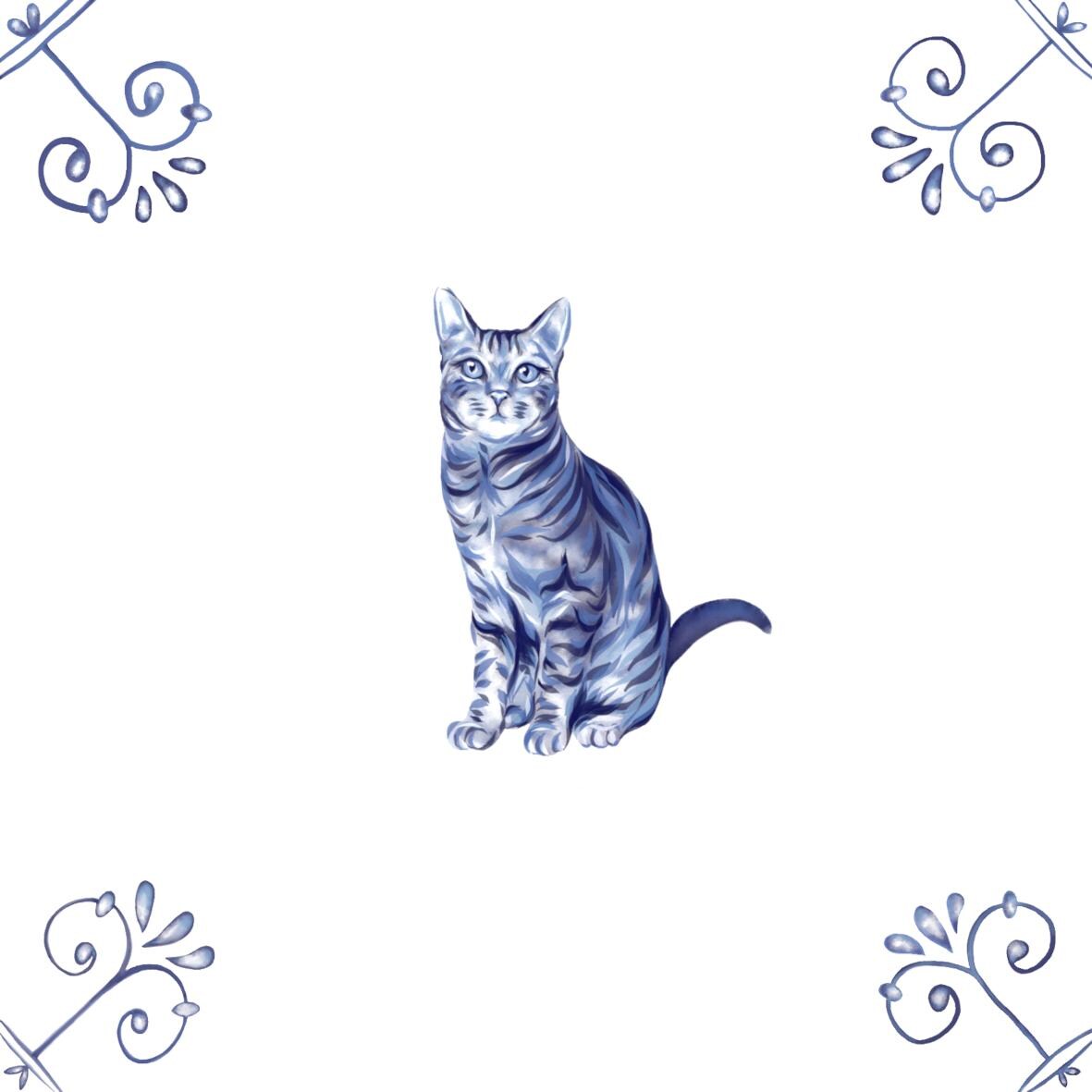 Delft Blue Ceramic Tile- Tabby Cat︱Bathroom Tile, Splashback, Kitchen Tile, Modern Dutch Style