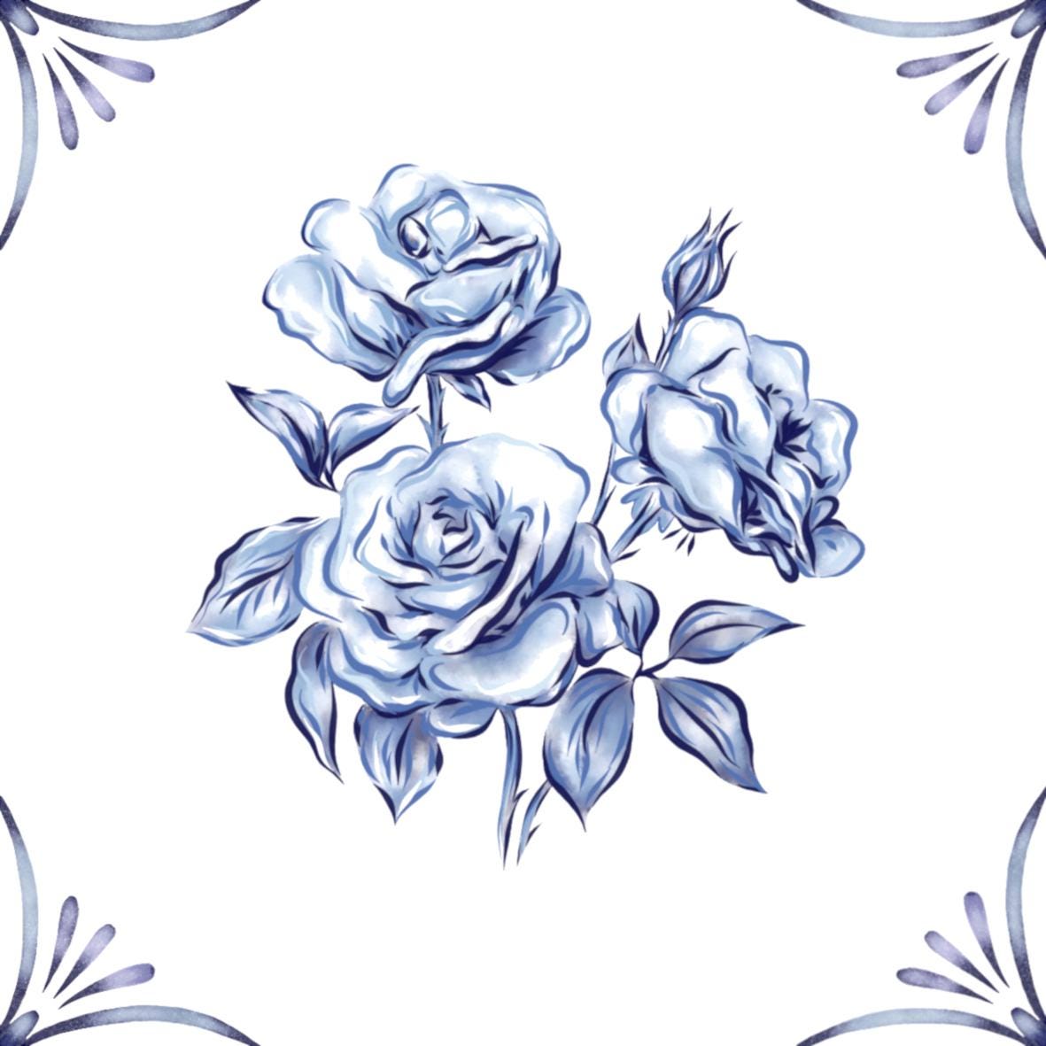 Delft Blue Ceramic Tile- Rose︱Bathroom Tile, Splashback, Kitchen Tiles, Modern Dutch Style