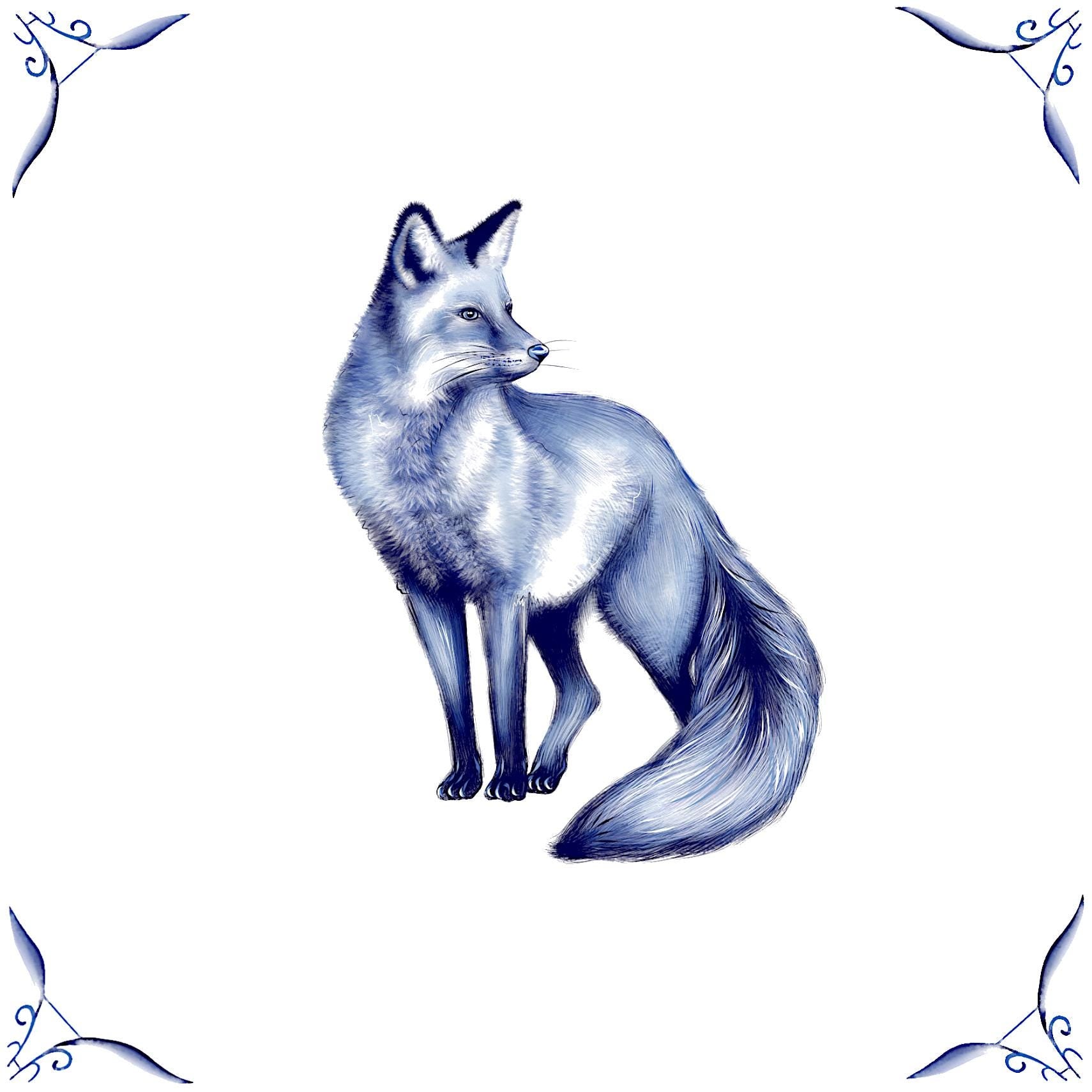 Delft Blue Ceramic Tile- Detailed Fox︱Bathroom Tile, Splashback, Kitchen Tiles, Modern Dutch Style