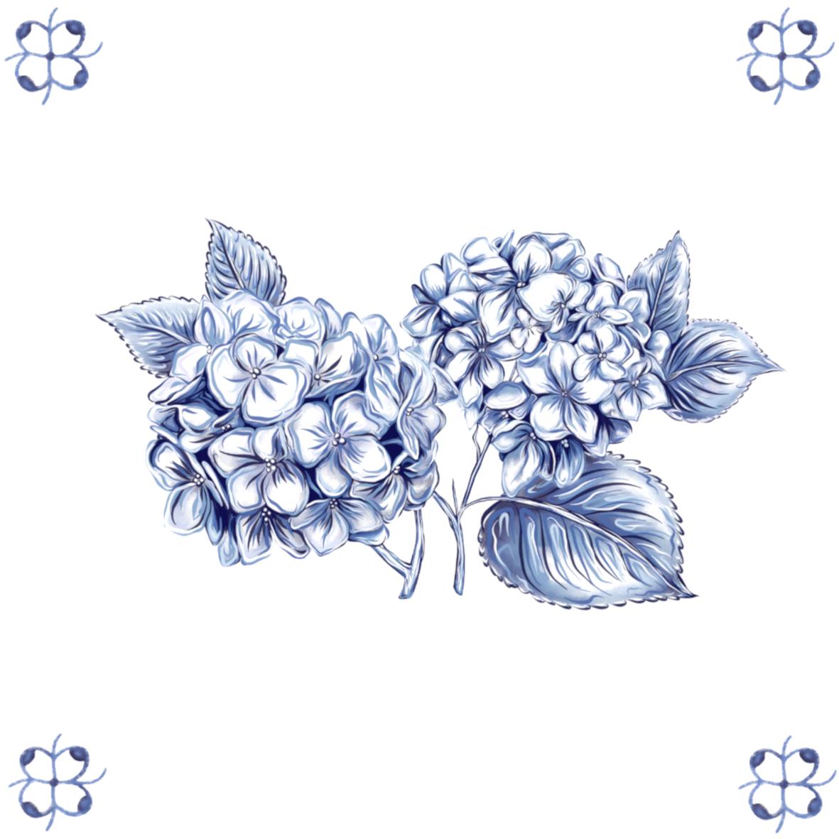 Delft Blue Ceramic Tile- Hydrangea Cluster︱Bathroom Tile, Splashback, Kitchen Tiles, Modern Dutch Style