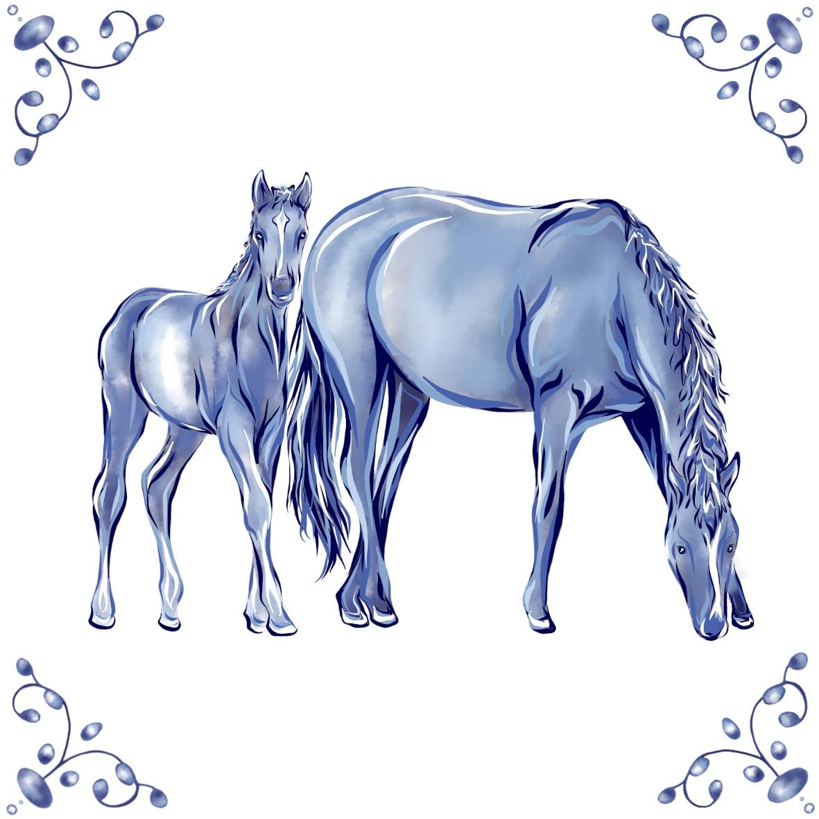 Delft Blue Ceramic Tile- Horse and Foal︱Bathroom Tile, Splashback, Kitchen Tiles, Modern Dutch Style
