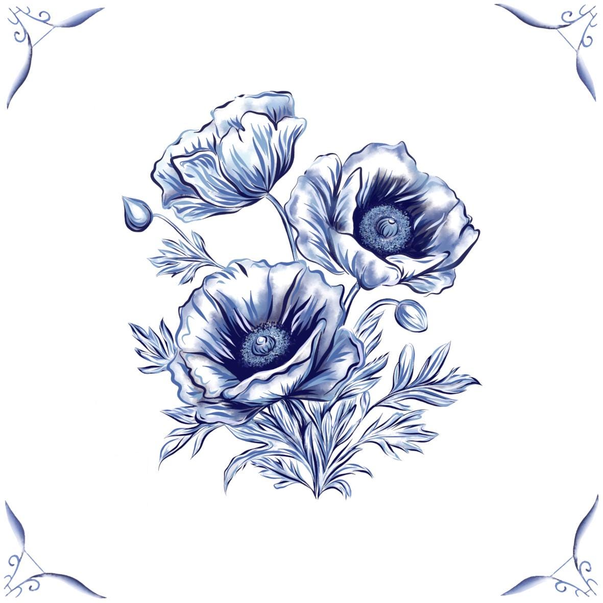Delft Blue Ceramic Tile- Poppy︱Bathroom Tile, Splashback, Kitchen Tiles, Modern Dutch Style