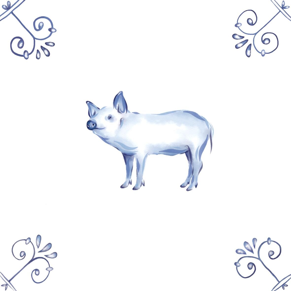 Delft Blue Ceramic Tile- Pig︱Bathroom Tile, Splashback, Kitchen Tiles, Modern Dutch Style