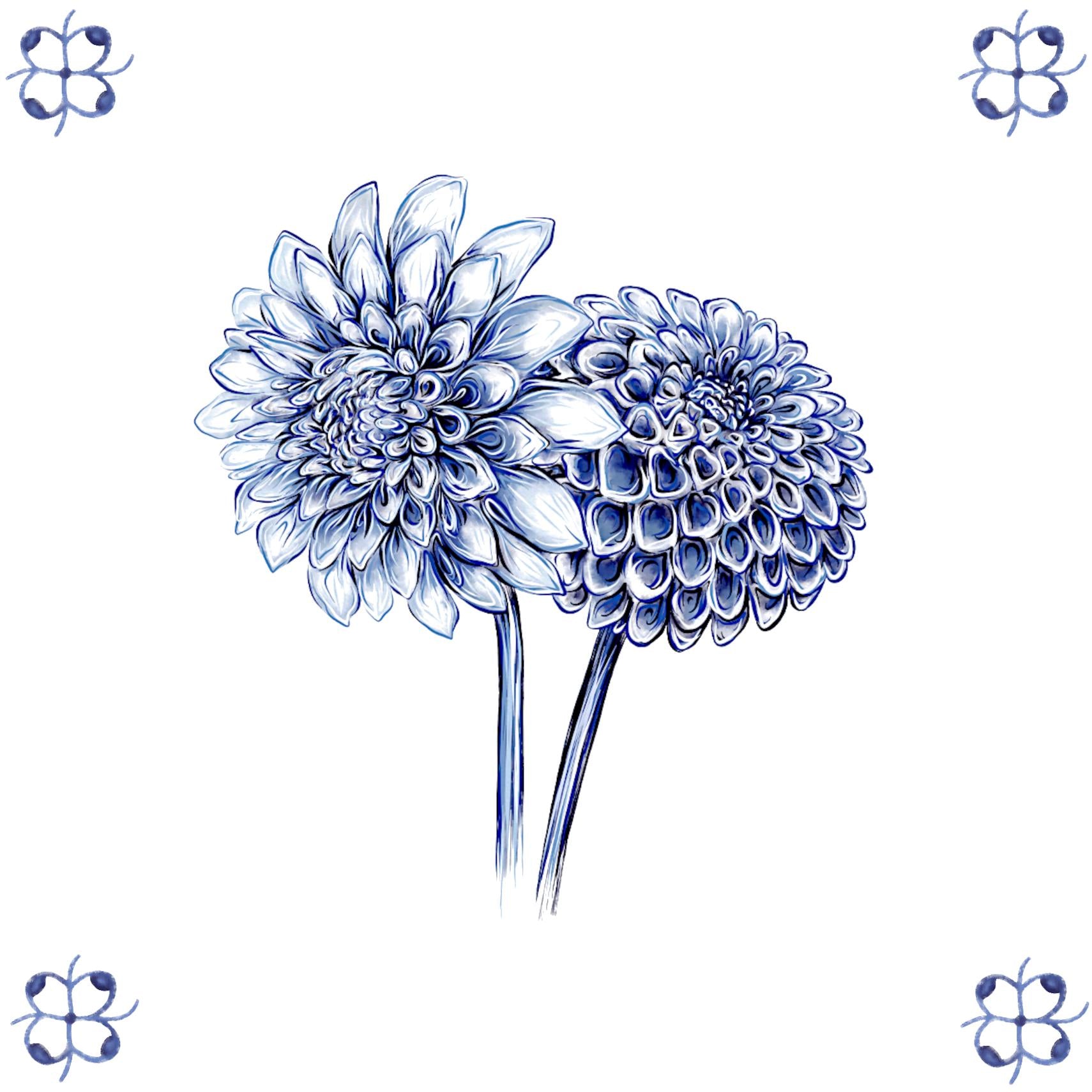 Delft Blue Ceramic Tile- Dahlia︱Bathroom Tile, Splashback, Kitchen Tiles, Modern Dutch Style