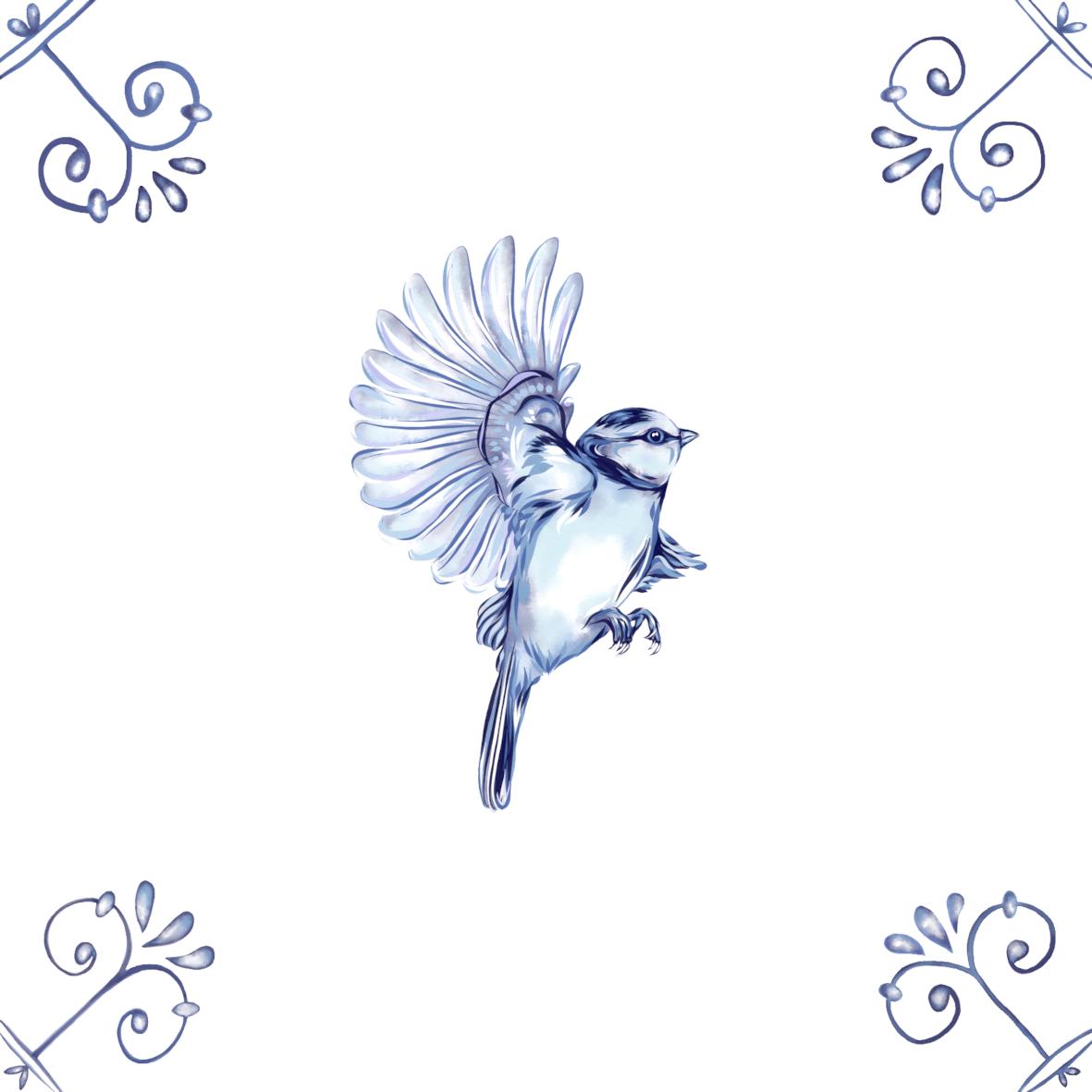 Delft Blue Ceramic Tile- Blue Tit︱Bathroom Tile, Splashback, Kitchen Tiles, Modern Dutch Style