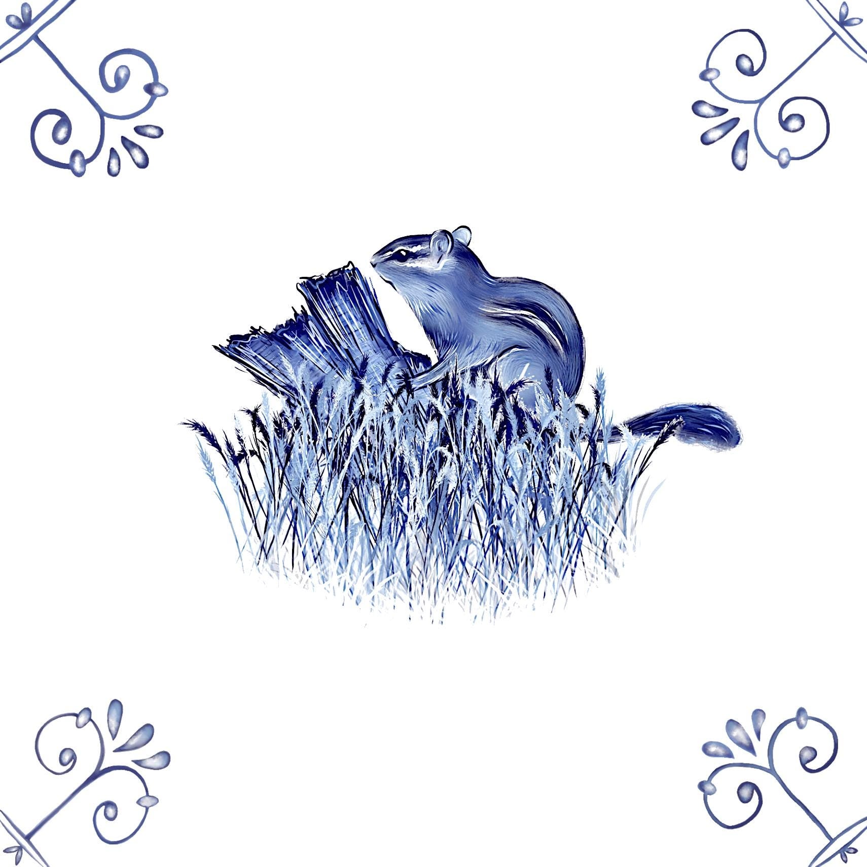 Delft Blue Ceramic Tile- Chipmunk︱Bathroom Tile, Splashback, Kitchen Tiles, Modern Dutch Style