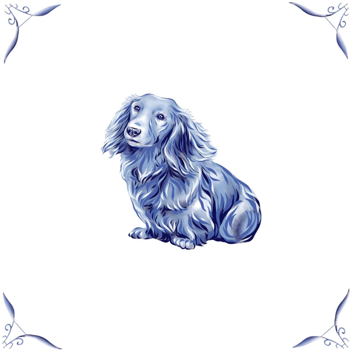 Delft Blue Ceramic Tile- Long Haired Dachshund Dog︱Bathroom Tile, Splashback, Kitchen Tiles, Modern Dutch Style
