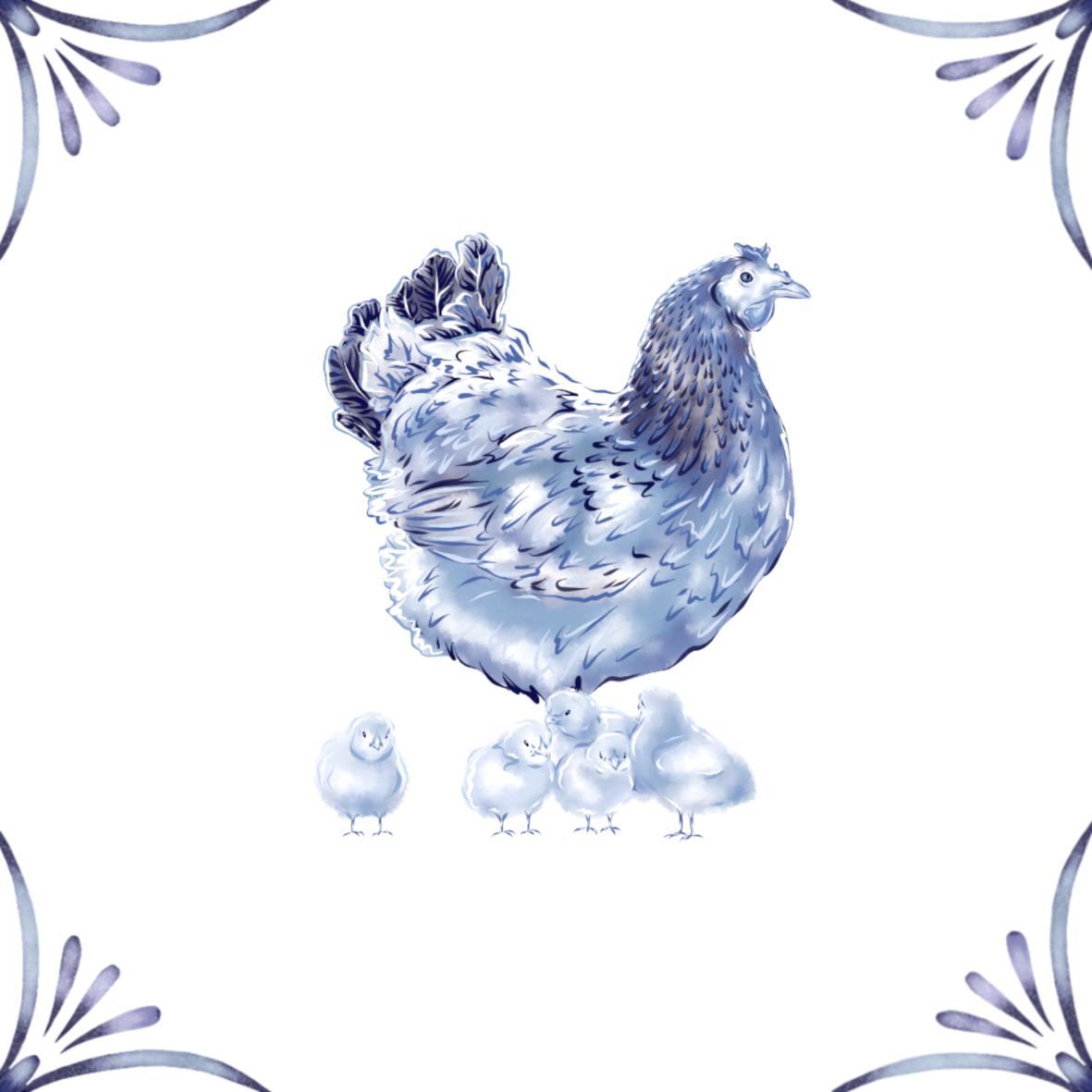 Delft Blue Ceramic Tile- Hen and Chicks︱Bathroom Tile, Splashback, Kitchen Tiles, Modern Dutch Style