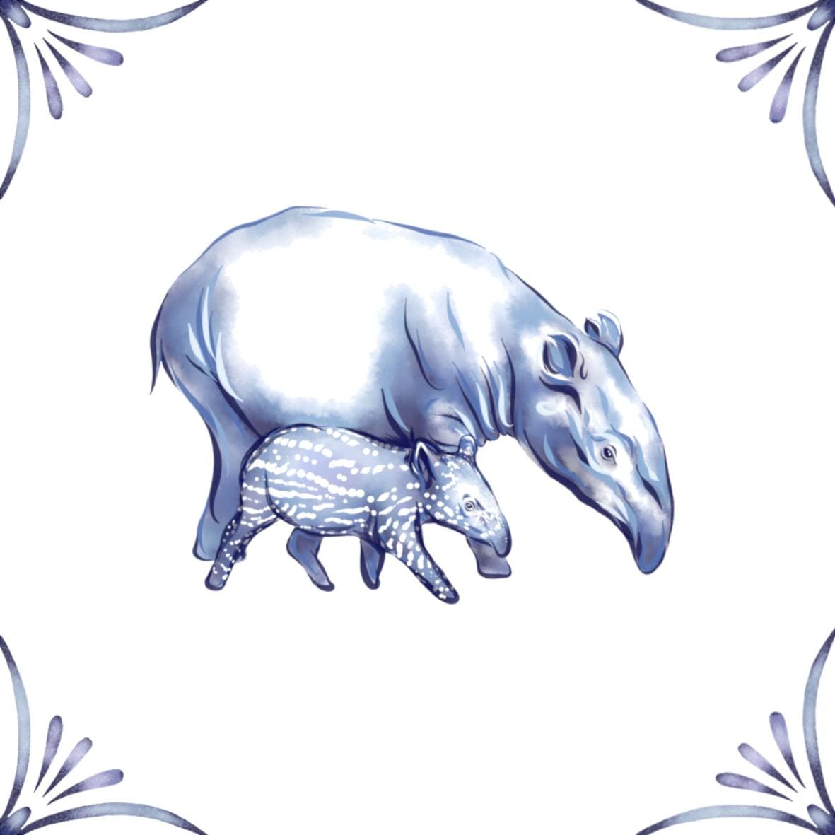 Delft Blue Ceramic Tile- Tapir and Baby︱Bathroom Tile, Splashback, Kitchen Tiles, Modern Dutch Style