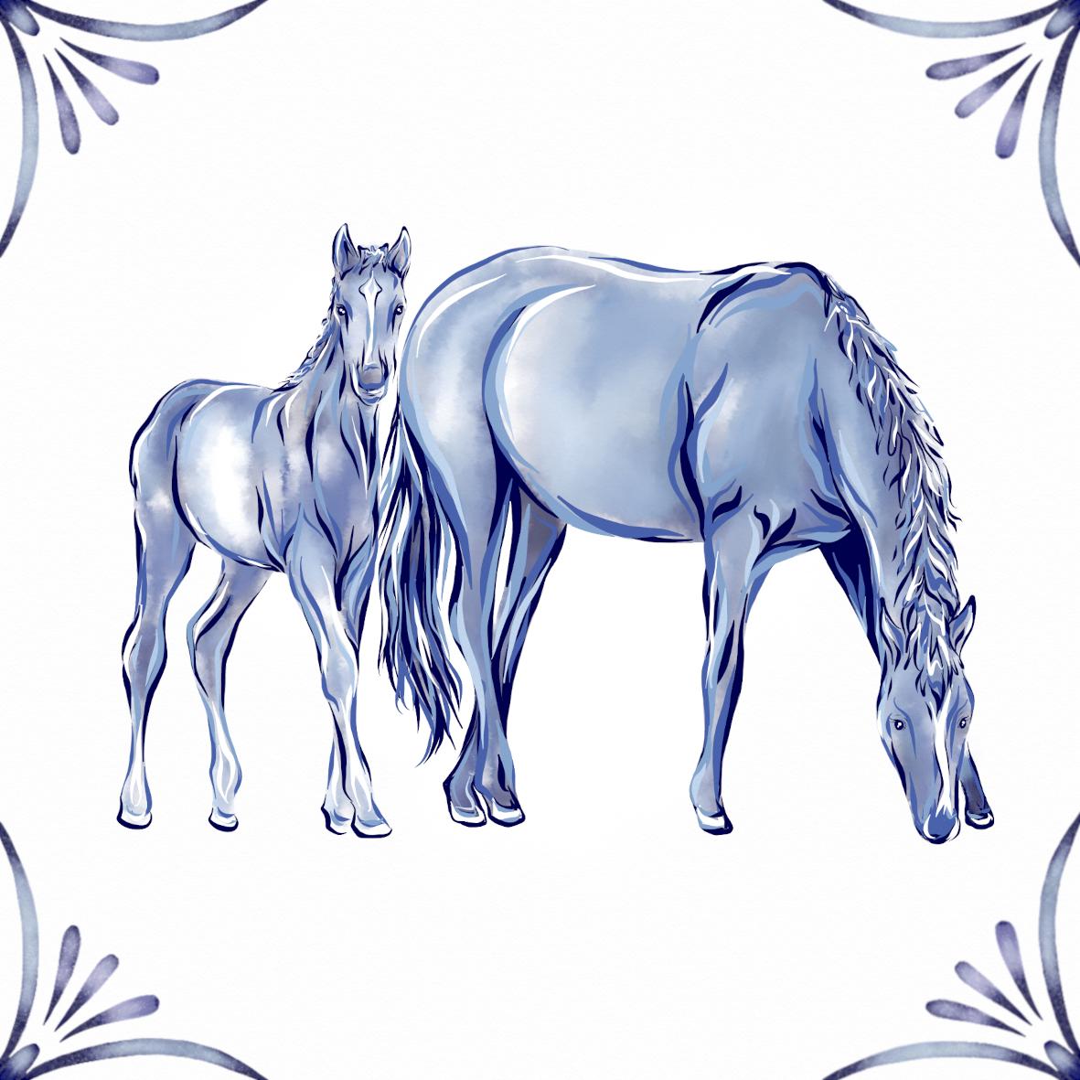 Delft Blue Ceramic Tile- Horse and Foal︱Bathroom Tile, Splashback, Kitchen Tiles, Modern Dutch Style