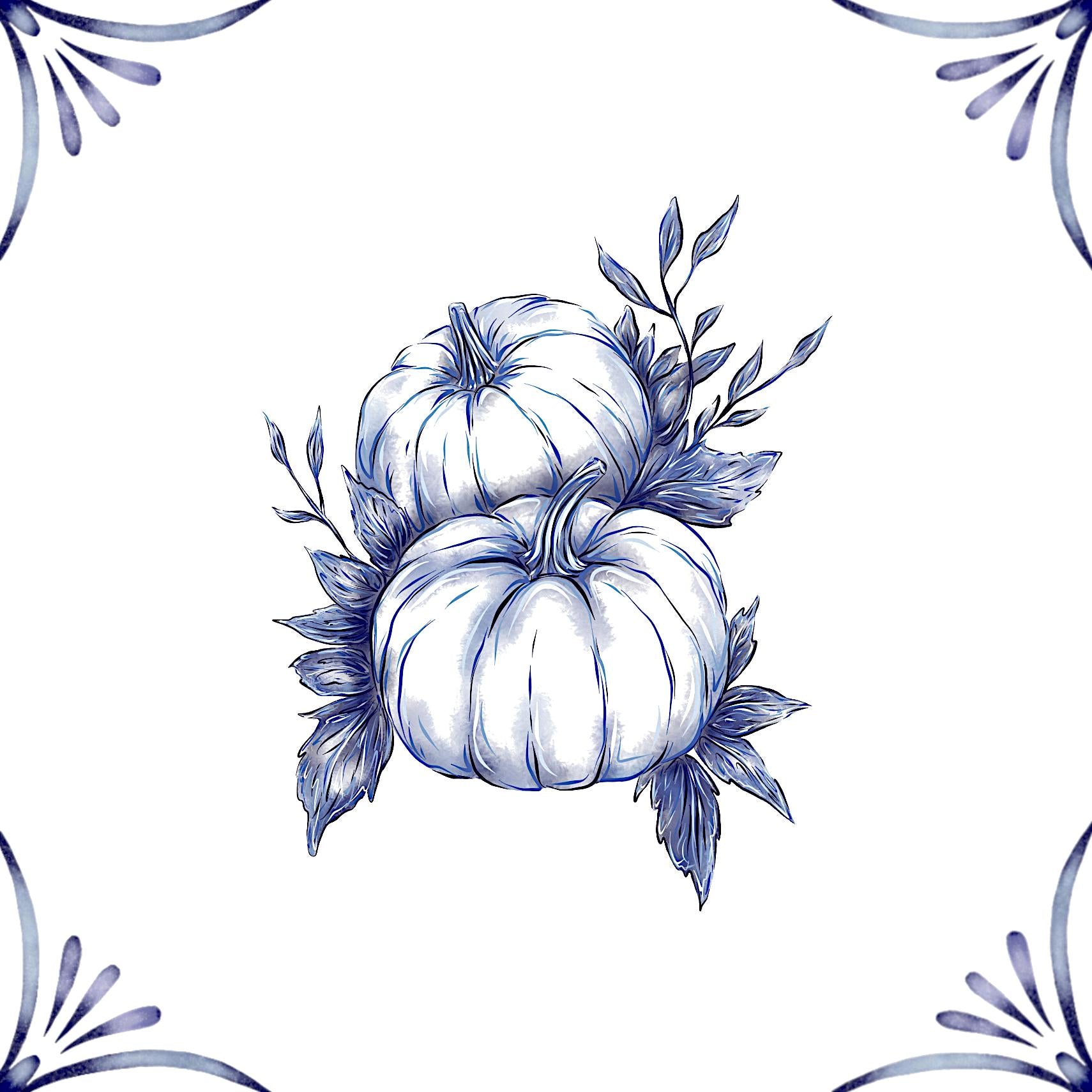 Delft Blue Ceramic Tile- Pumpkins︱Bathroom Tile, Splashback, Kitchen Tiles, Modern Dutch Style