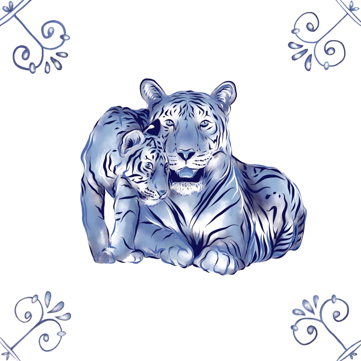 Delft Blue Ceramic Tile- Tiger and Cub︱Bathroom Tile, Splashback, Kitchen Tiles, Modern Dutch Style