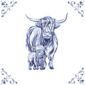 Delft Blue Ceramic Tile- Highland Cow and Calf︱Bathroom Tile, Splashback, Kitchen Tiles, Modern Dutch Style