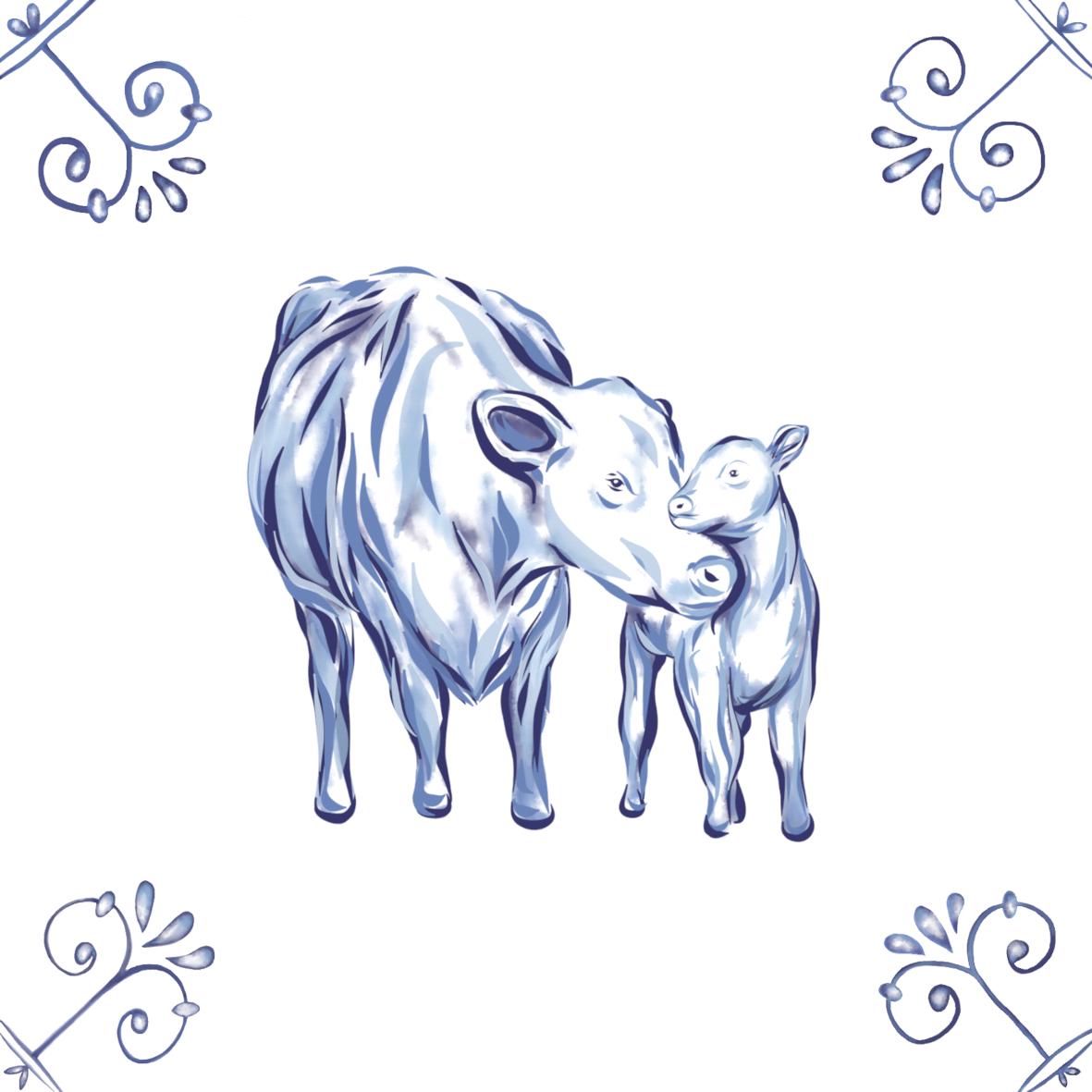 Delft Blue Ceramic Tile- Cow and Calf︱Bathroom Tile, Splashback, Kitchen Tiles, Modern Dutch Style