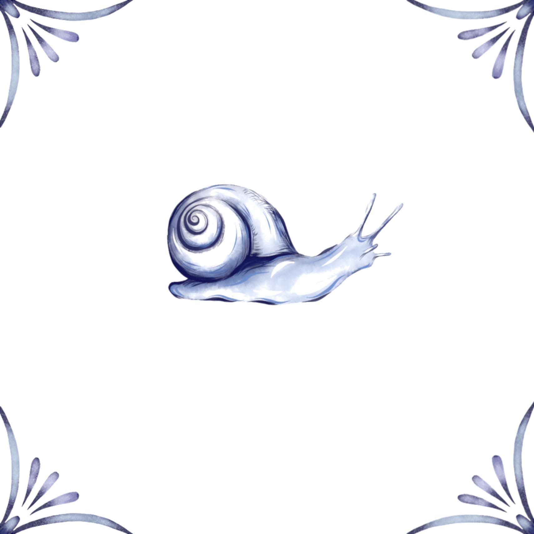 Delft Blue Ceramic Tile- Snail︱Bathroom Tile, Splashback, Kitchen Tiles, Modern Dutch Style