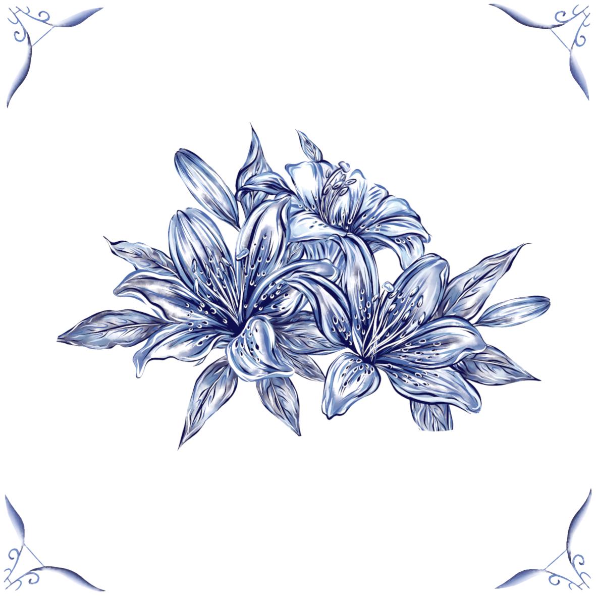 Delft Blue Ceramic Tile- Lily Cluster︱Bathroom Tile, Splashback, Kitchen Tiles, Modern Dutch Style