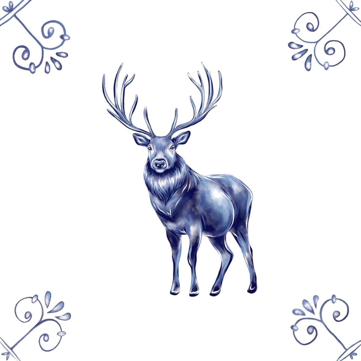 Delft Blue Ceramic Tile- Stag Reindeer︱Bathroom Tile, Splashback, Kitchen Tiles, Modern Dutch Style