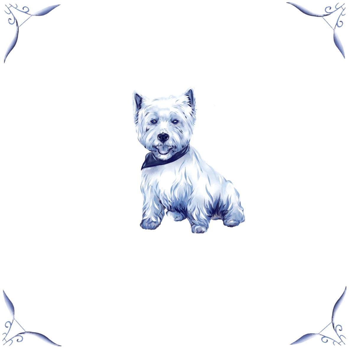 Delft Blue Ceramic Tile- West Highland Terrier Dog / Westie︱Bathroom Tile, Splashback, Kitchen Tiles, Modern Dutch Style