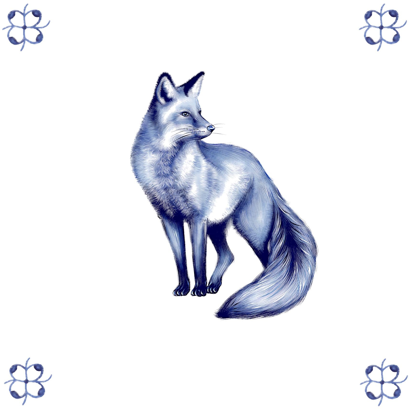Delft Blue Ceramic Tile- Detailed Fox︱Bathroom Tile, Splashback, Kitchen Tiles, Modern Dutch Style