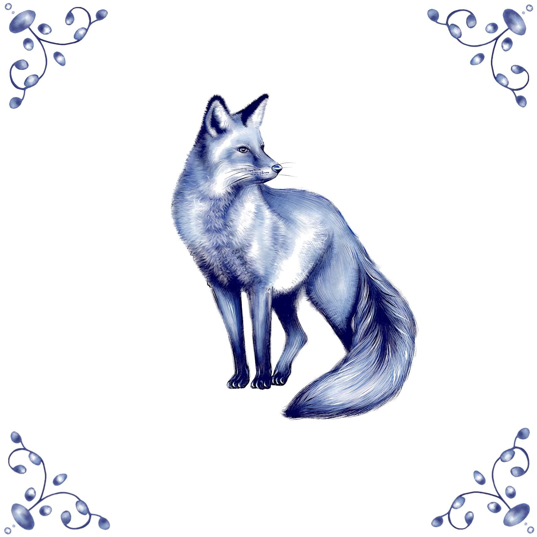 Delft Blue Ceramic Tile- Detailed Fox︱Bathroom Tile, Splashback, Kitchen Tiles, Modern Dutch Style