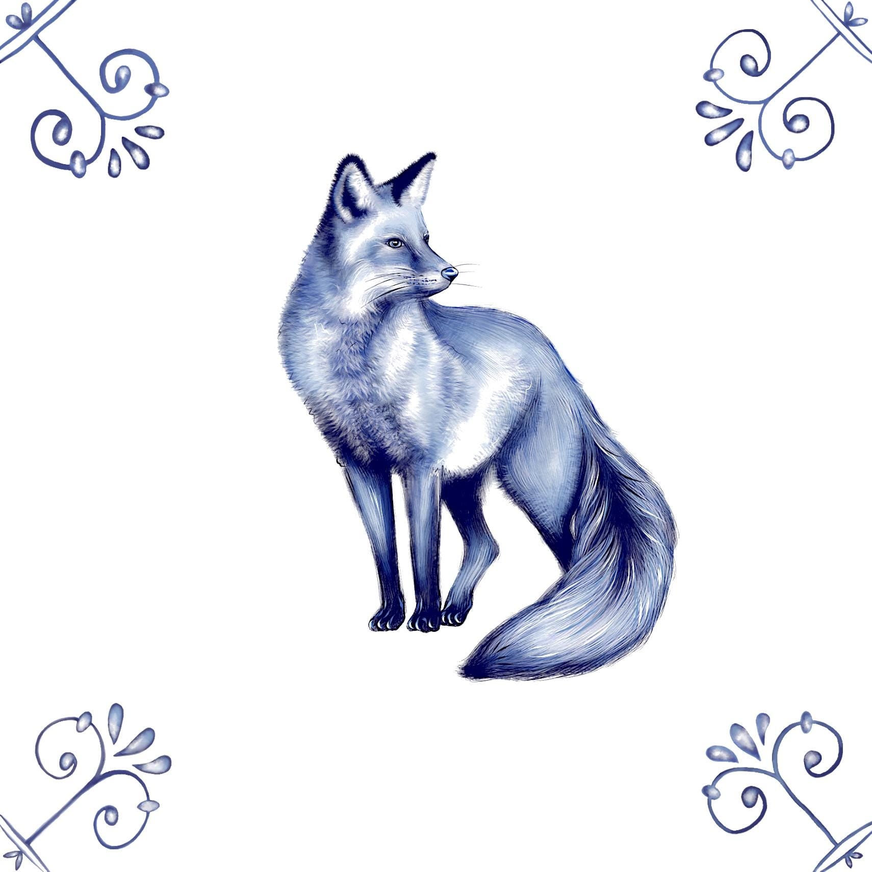 Delft Blue Ceramic Tile- Detailed Fox︱Bathroom Tile, Splashback, Kitchen Tiles, Modern Dutch Style