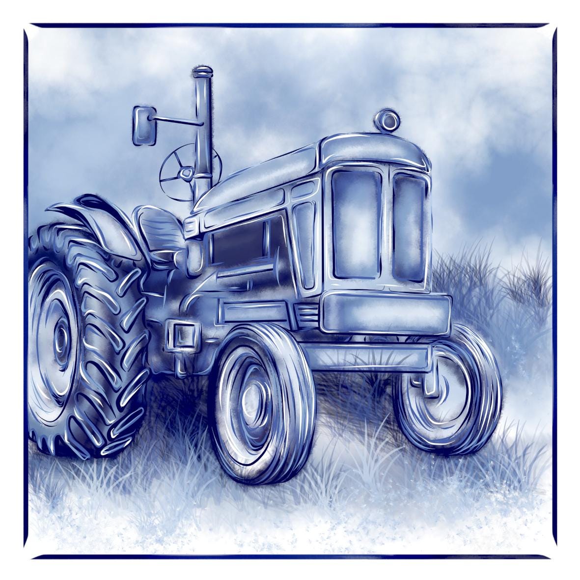 Delft Blue Ceramic Tile- Tractor Farm Scene︱Bathroom Tile, Splashback, Kitchen Tiles, Modern Dutch Style