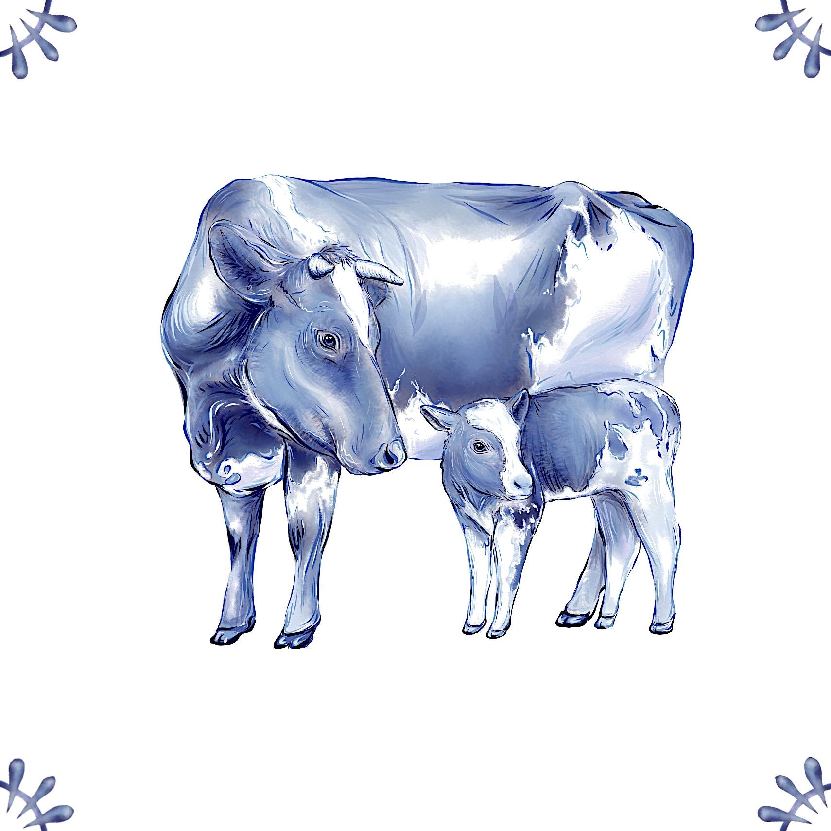 Delft Blue Ceramic Tile- Detailed Cow & Calf︱Splashback, Kitchen Tiles, Modern Dutch Style