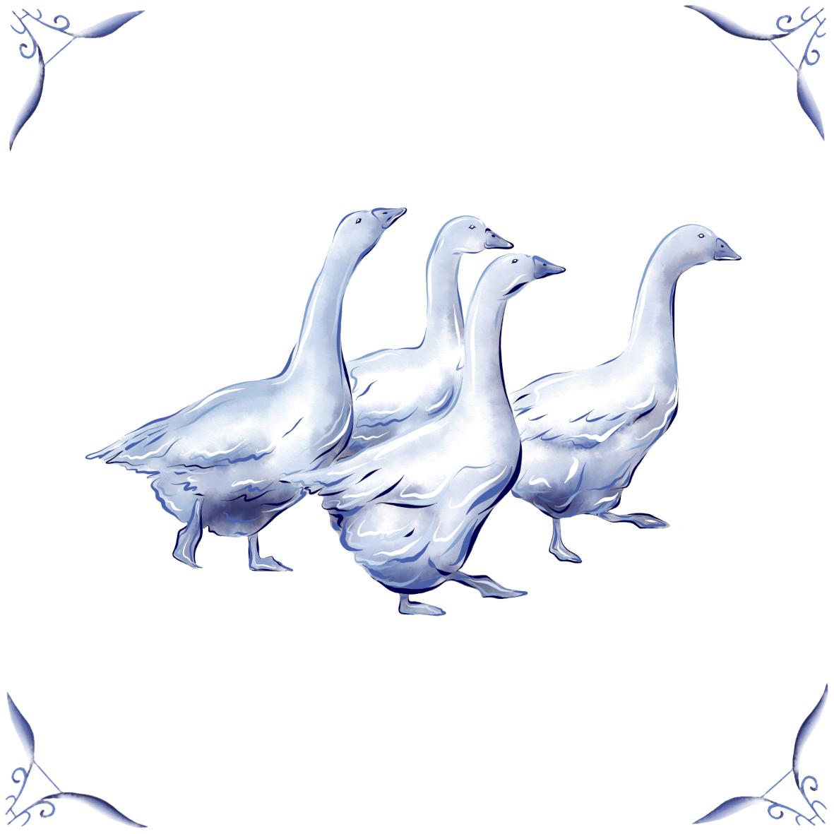 Delft Blue Ceramic Tile- Gaggle of Geese / Goose︱Bathroom Tile, Splashback, Kitchen Tiles, Modern Dutch Style