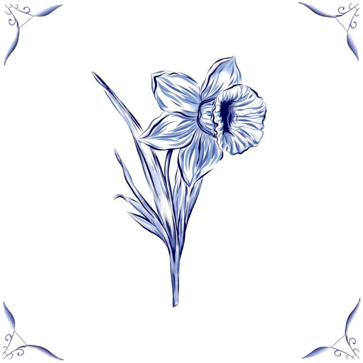 Delft Blue Ceramic Tile- Daffodil︱Bathroom Tile, Splashback, Kitchen Tiles, Modern Dutch Style
