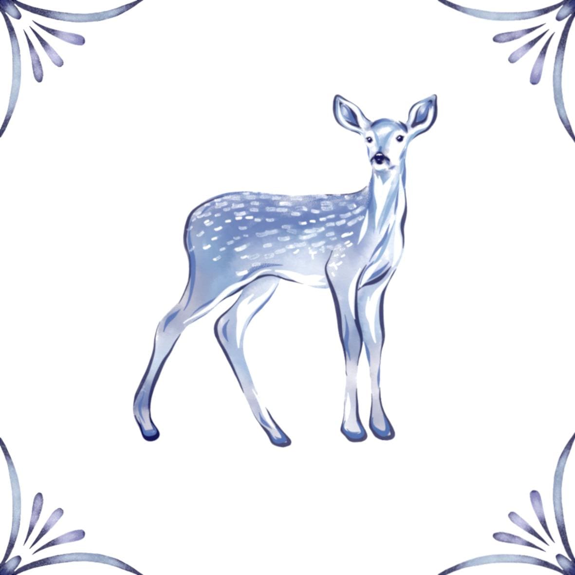 Delft Blue Ceramic Tile- Deer︱Bathroom Tile, Splashback, Kitchen Tiles, Modern Dutch Style
