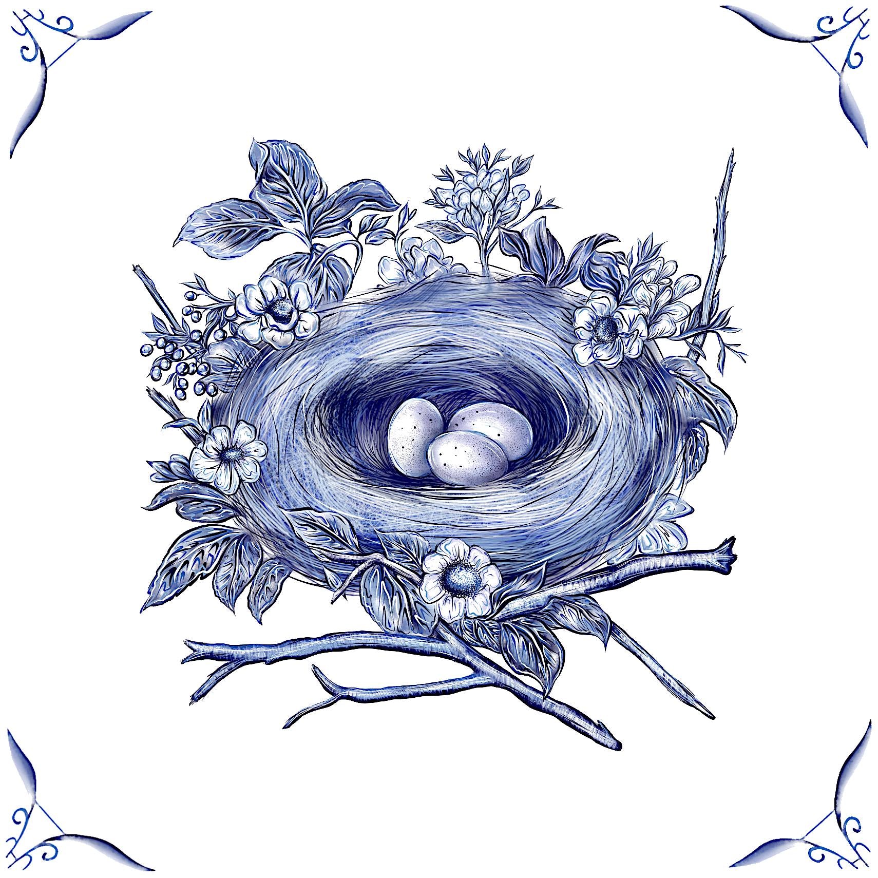 Delft Blue Ceramic Tile- Nest with Eggs︱Splashback, Kitchen Tiles, Modern Dutch Style