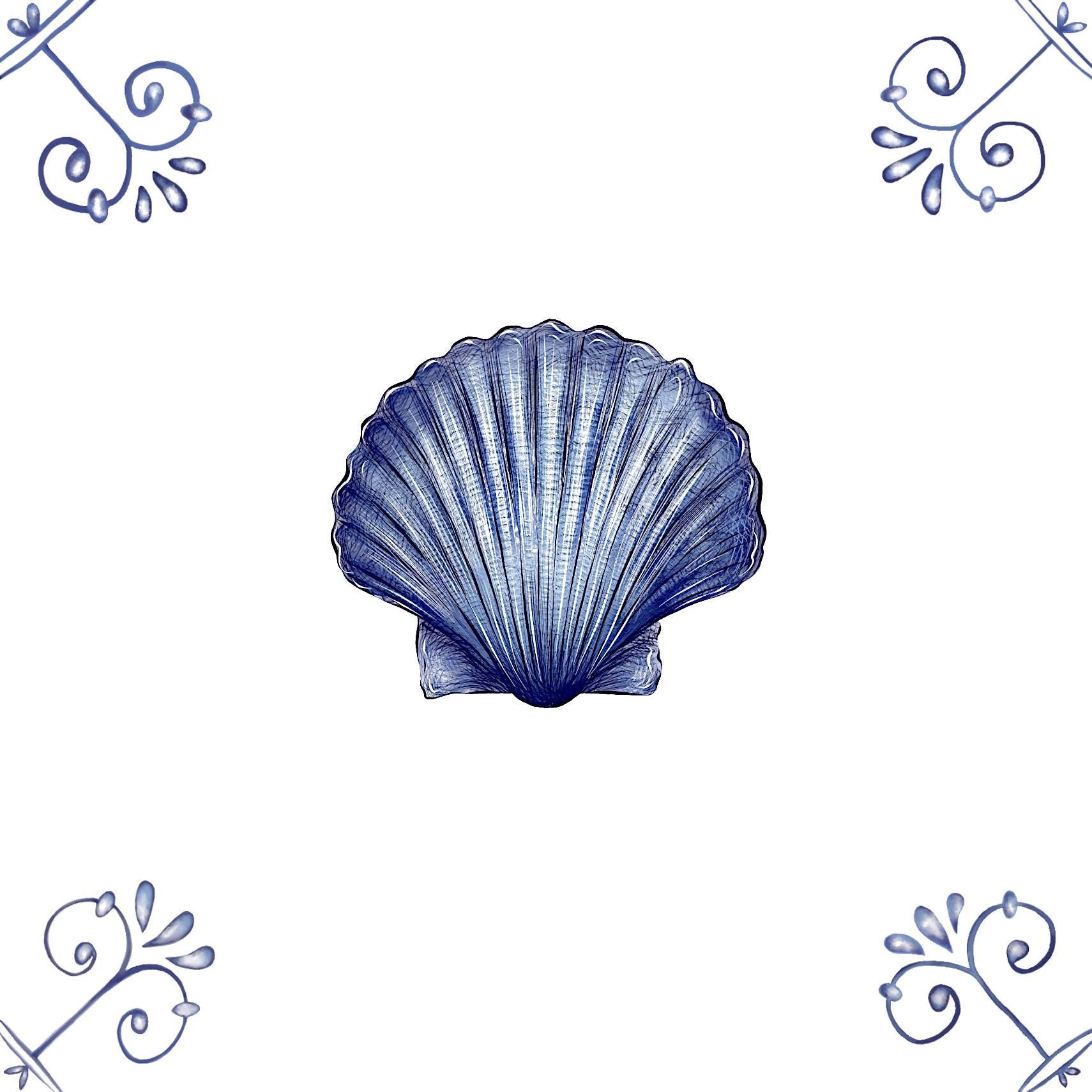 Delft Blue Ceramic Tile- Scallop Shell︱Bathroom Tile, Splashback, Kitchen Tiles, Modern Dutch Style
