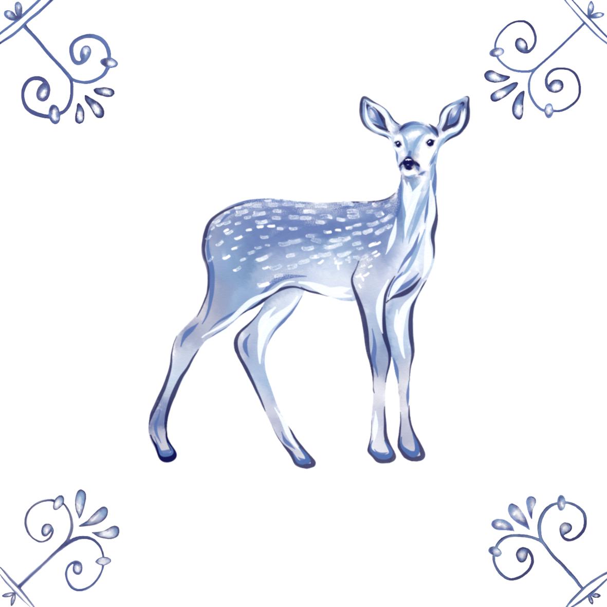 Delft Blue Ceramic Tile- Deer︱Bathroom Tile, Splashback, Kitchen Tiles, Modern Dutch Style