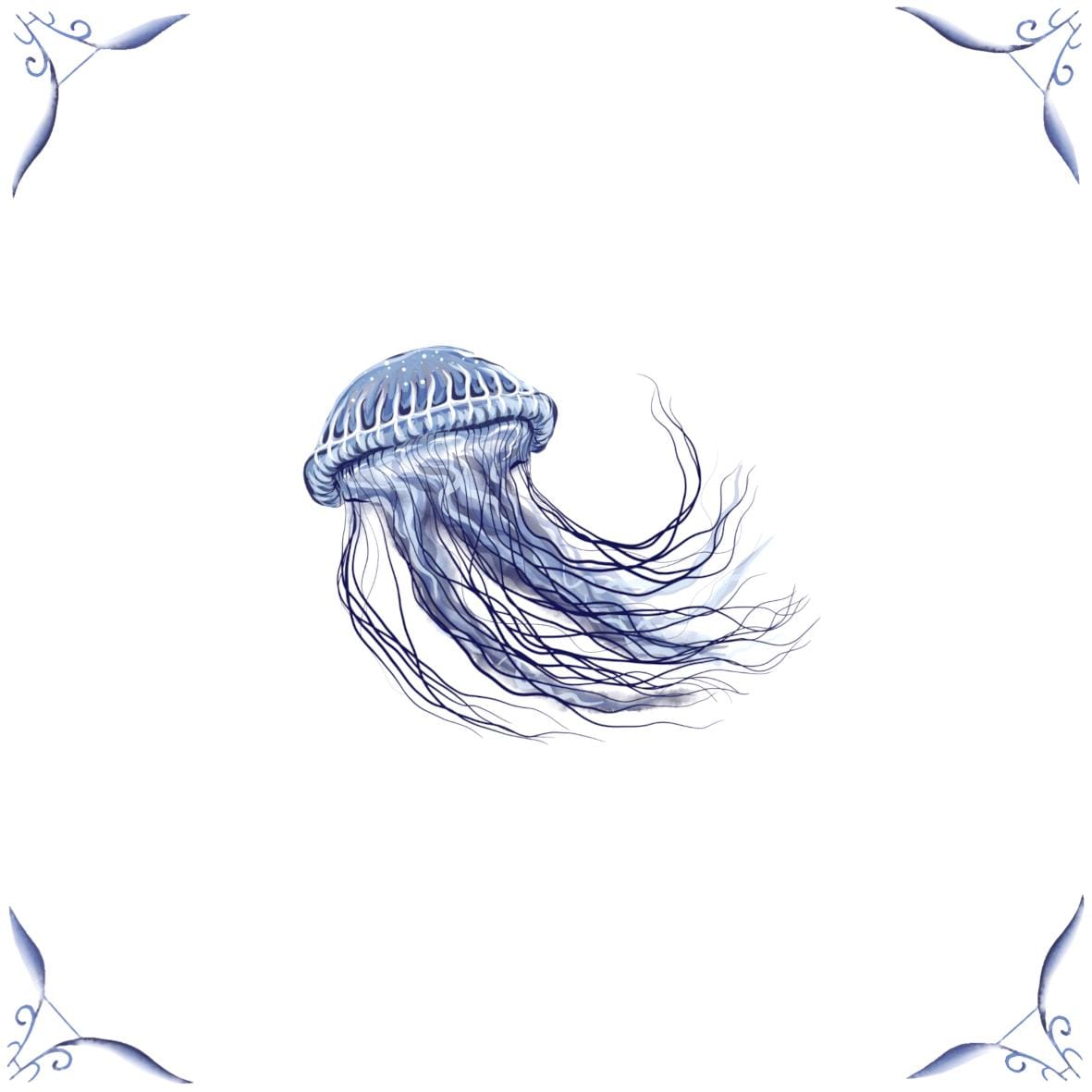 Delft Blue Ceramic Tile- Jellyfish︱Bathroom Tile, Splashback, Kitchen Tiles, Modern Dutch Style