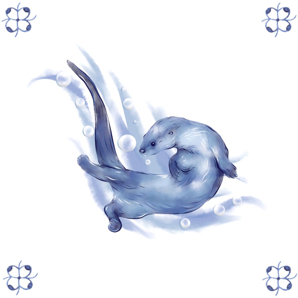 Delft Blue Ceramic Tile- Otter Swimming︱Bathroom Tile, Splashback, Kitchen Tiles, Modern Dutch Style