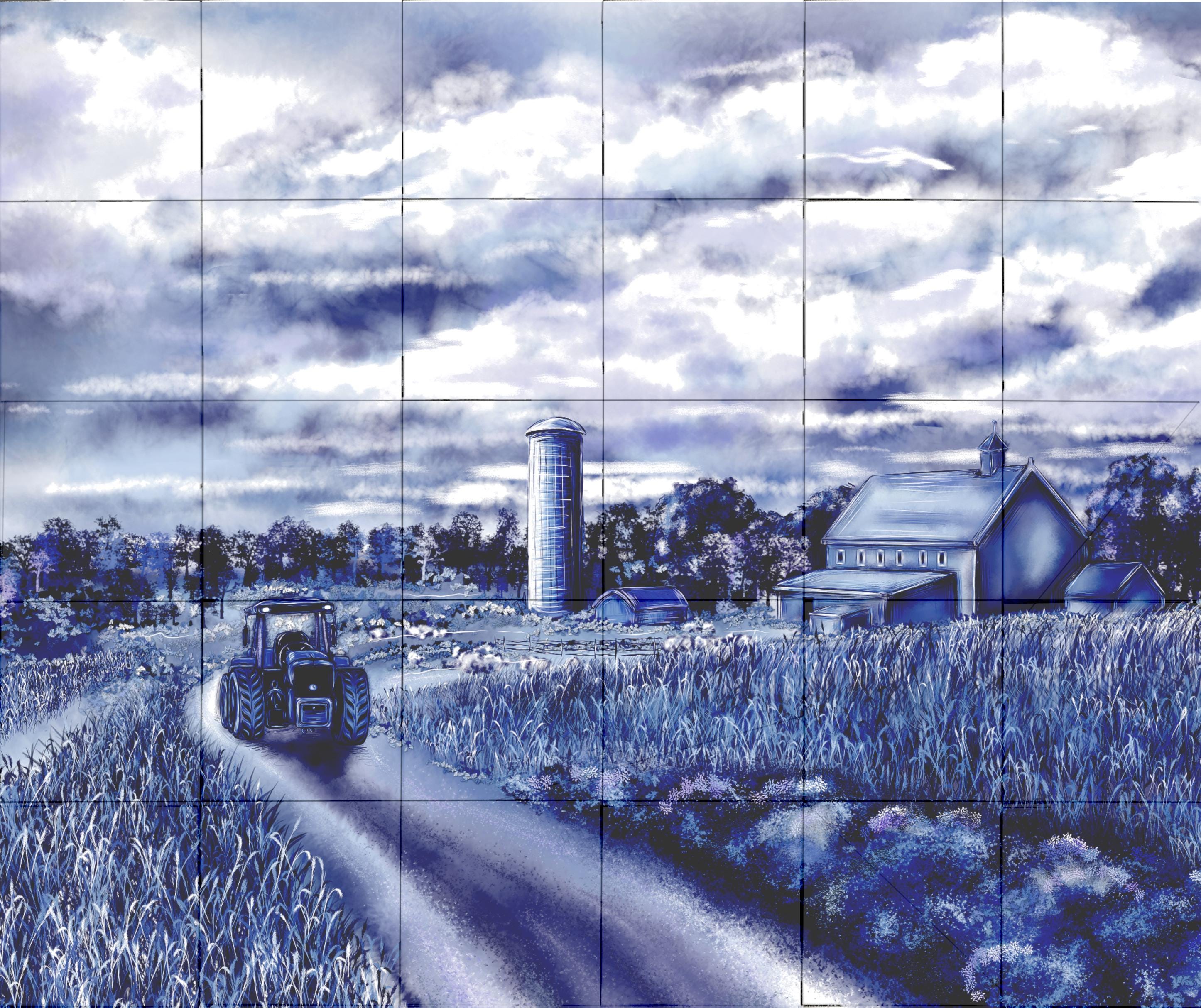 Delft Blue Ceramic Tile Mural- Farm Barn and Tractor Scene︱Splashback, Kitchen Tiles, Modern Dutch Style