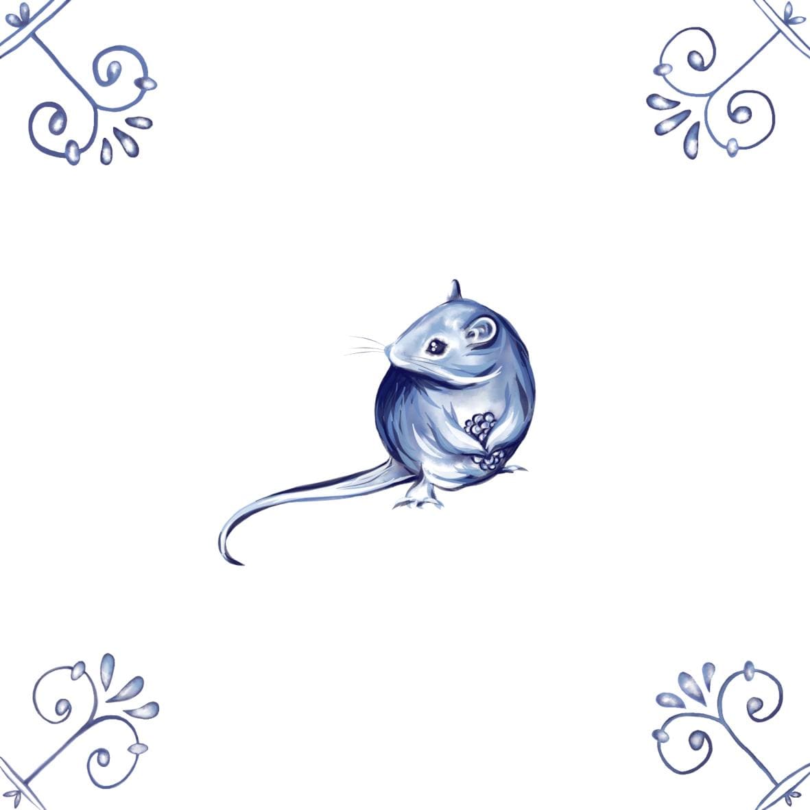 Delft Blue Ceramic Tile- Mouse with Berry︱Bathroom Tile, Splashback, Kitchen Tiles, Modern Dutch Style