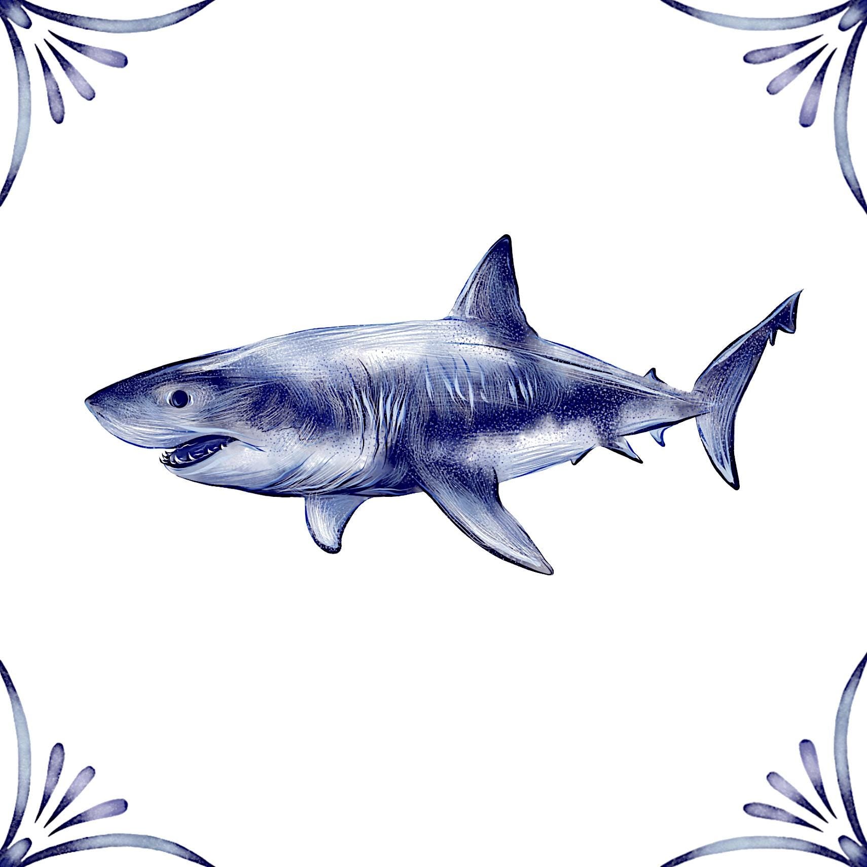 Delft Blue Ceramic Tile- Great White Shark︱Bathroom Tile, Splashback, Kitchen Tiles, Modern Dutch Style