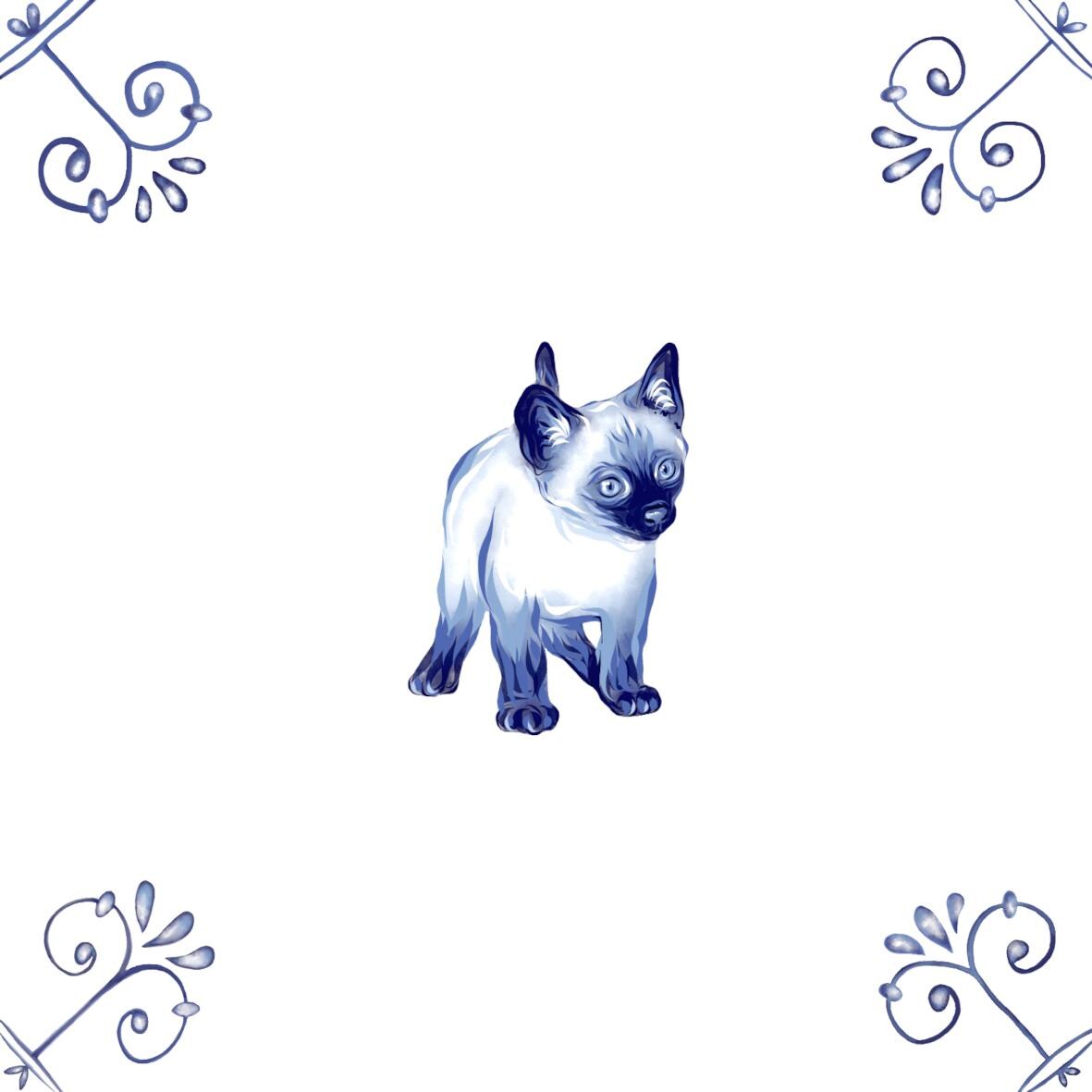 Delft Blue Ceramic Tile- Siamese Cat Kitten︱Bathroom Tile, Splashback, Kitchen Tiles, Modern Dutch Style