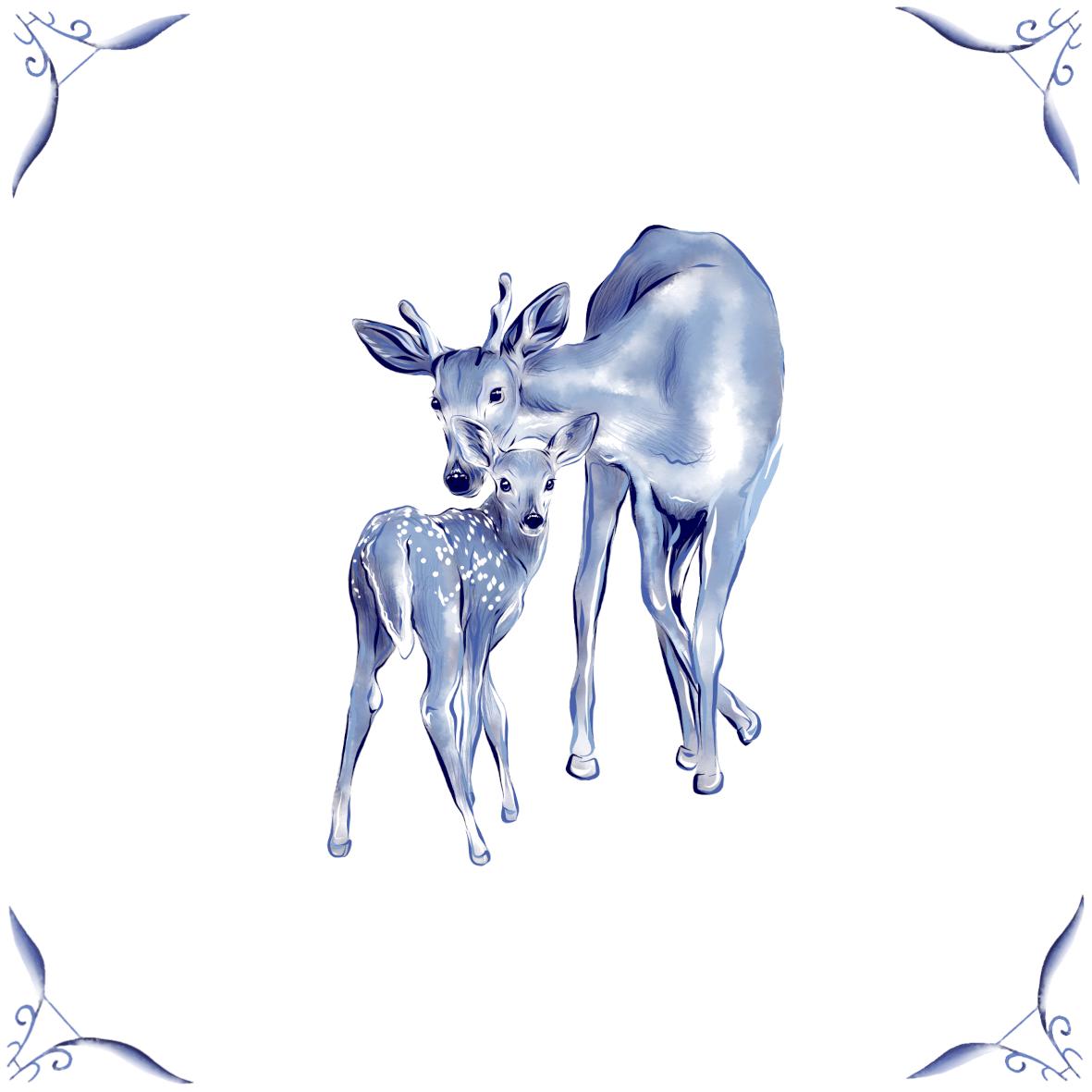 Delft Blue Ceramic Tile- Deer and Fawn︱Bathroom Tile, Splashback, Kitchen Tiles, Modern Dutch Style