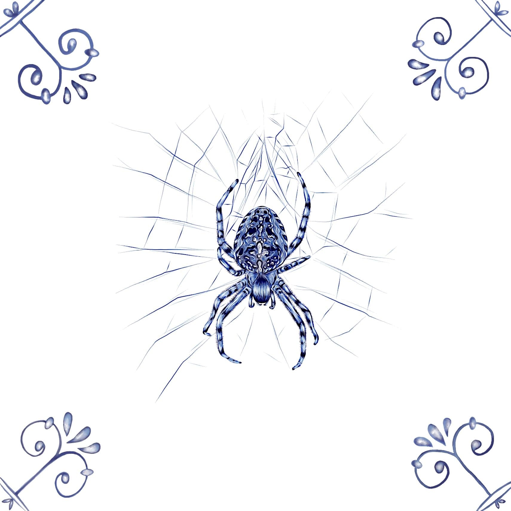 Delft Blue Ceramic Tile- Garden Spider︱Bathroom Tile, Splashback, Kitchen Tiles, Modern Dutch Style