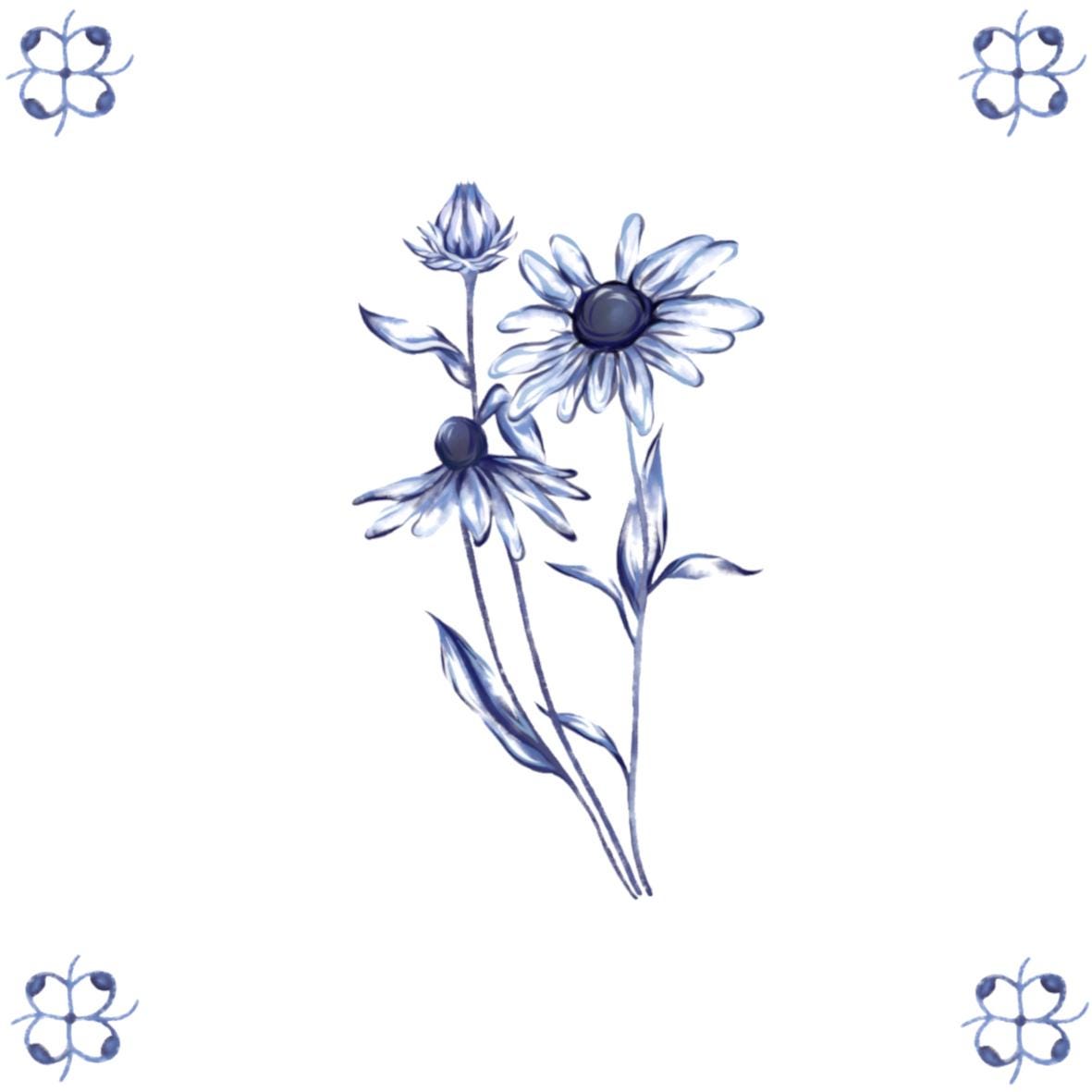 Delft Blue Ceramic Tile- Daisy︱Bathroom Tile, Splashback, Kitchen Tiles, Modern Dutch Style