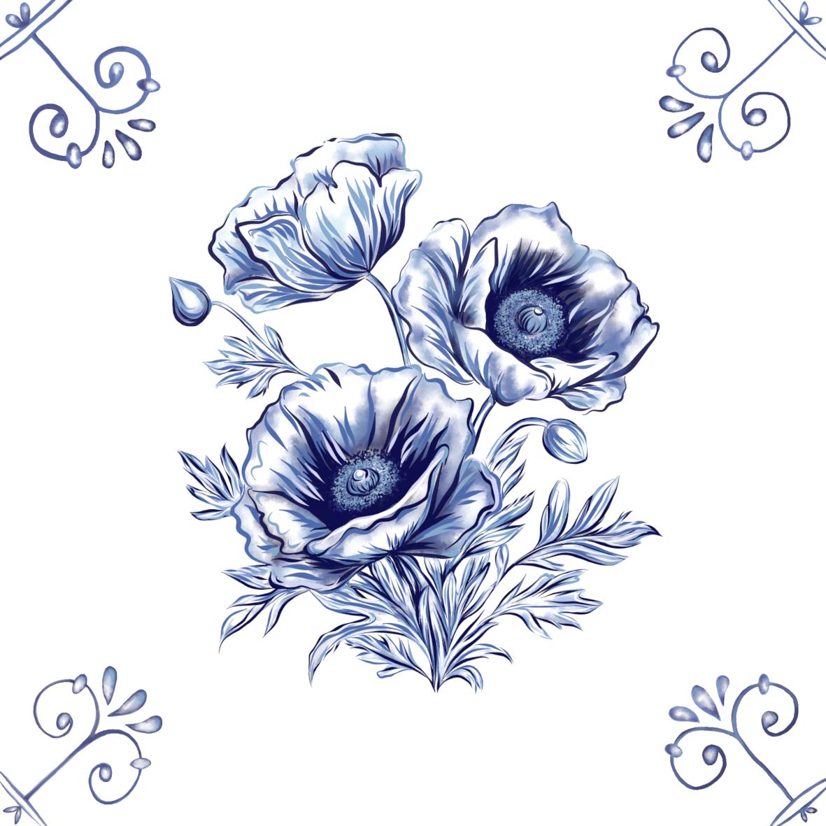 Delft Blue Ceramic Tile- Poppy︱Bathroom Tile, Splashback, Kitchen Tiles, Modern Dutch Style