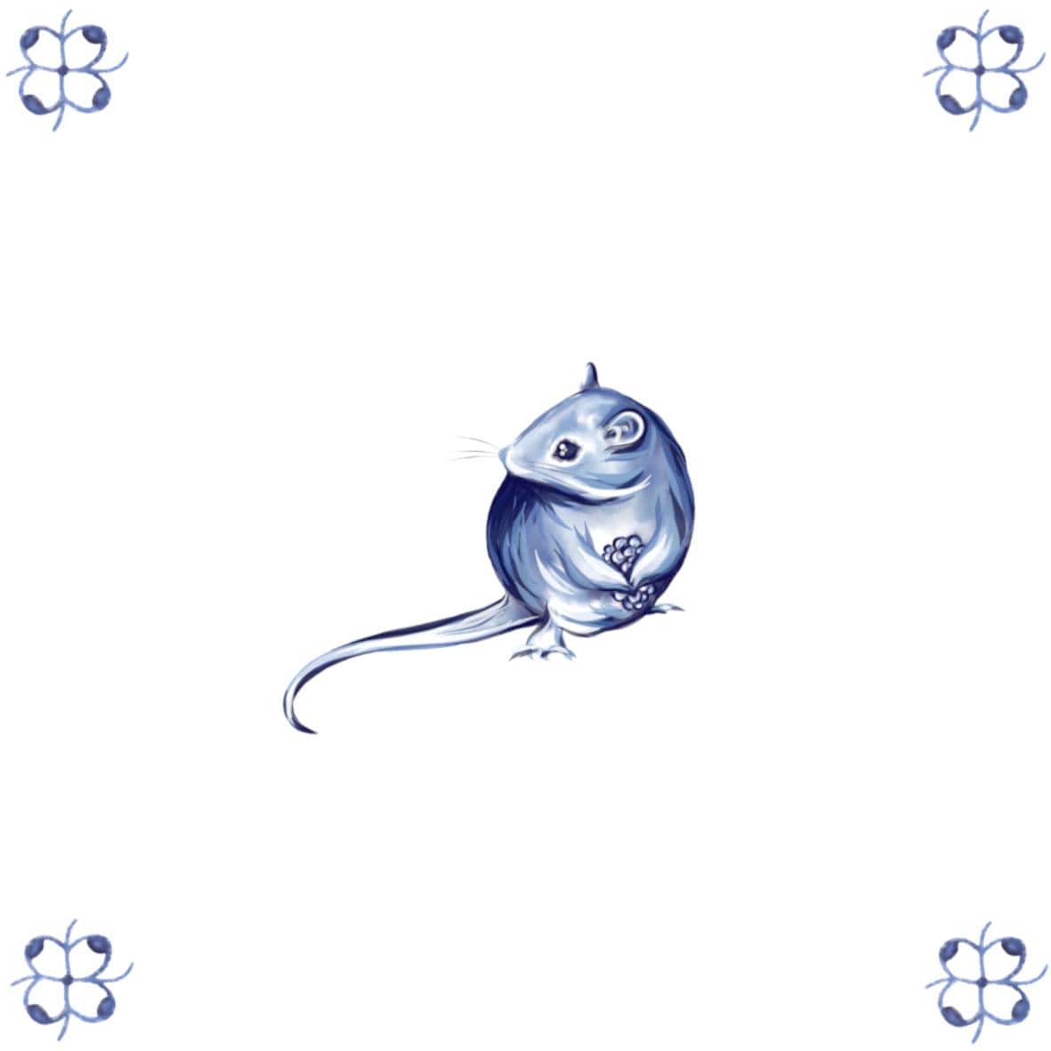 Delft Blue Ceramic Tile- Mouse with Berry︱Bathroom Tile, Splashback, Kitchen Tiles, Modern Dutch Style