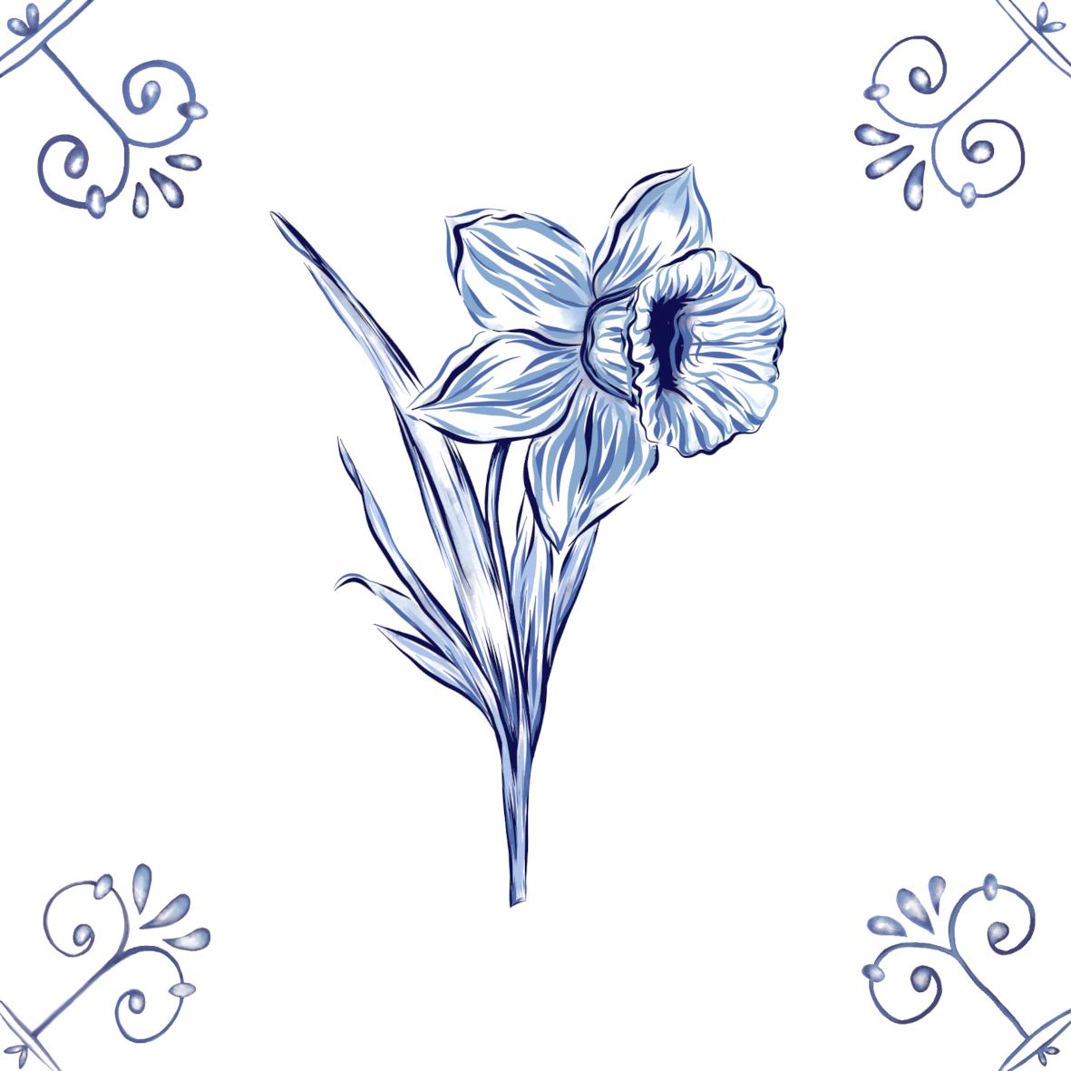 Delft Blue Ceramic Tile- Daffodil︱Bathroom Tile, Splashback, Kitchen Tiles, Modern Dutch Style