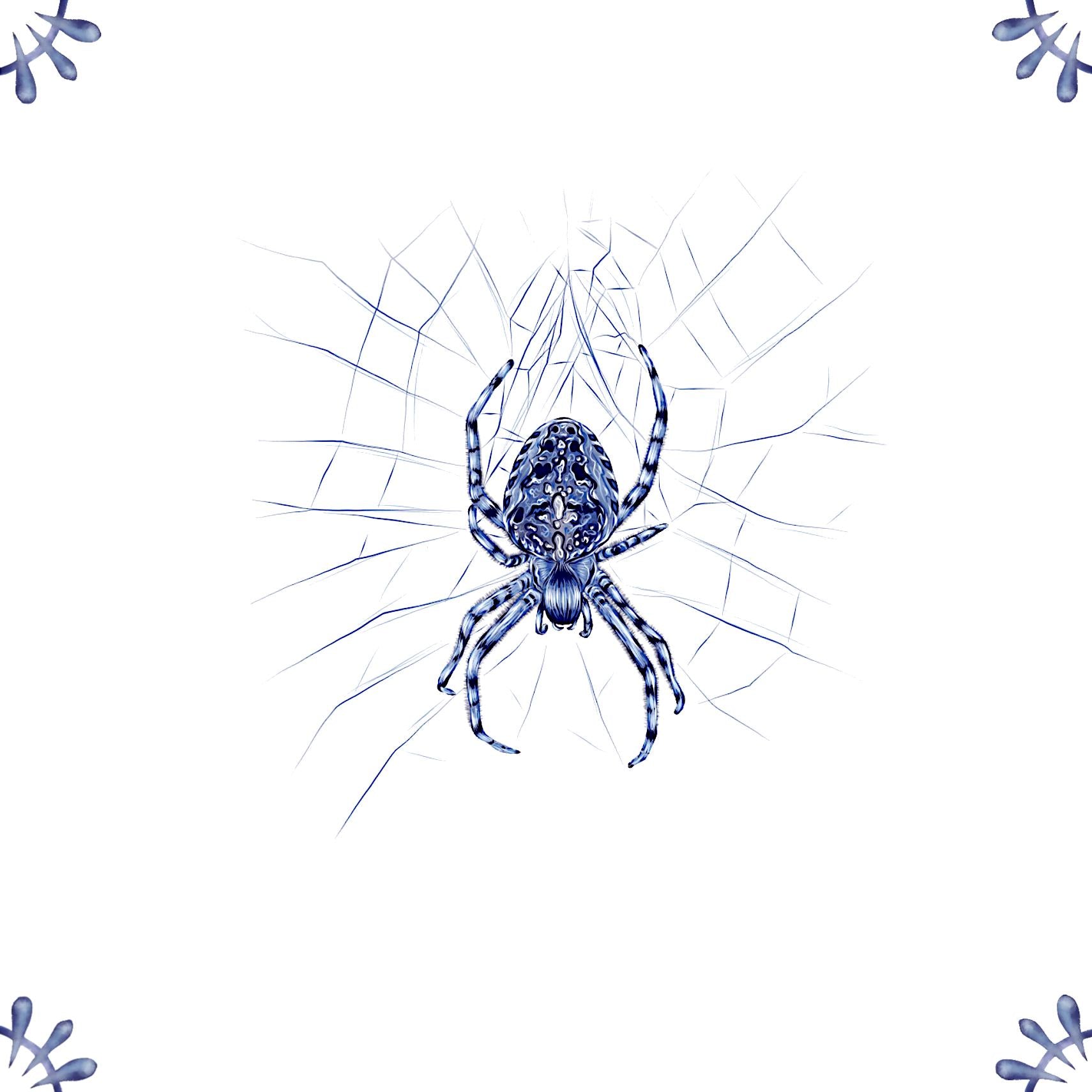 Delft Blue Ceramic Tile- Garden Spider︱Bathroom Tile, Splashback, Kitchen Tiles, Modern Dutch Style