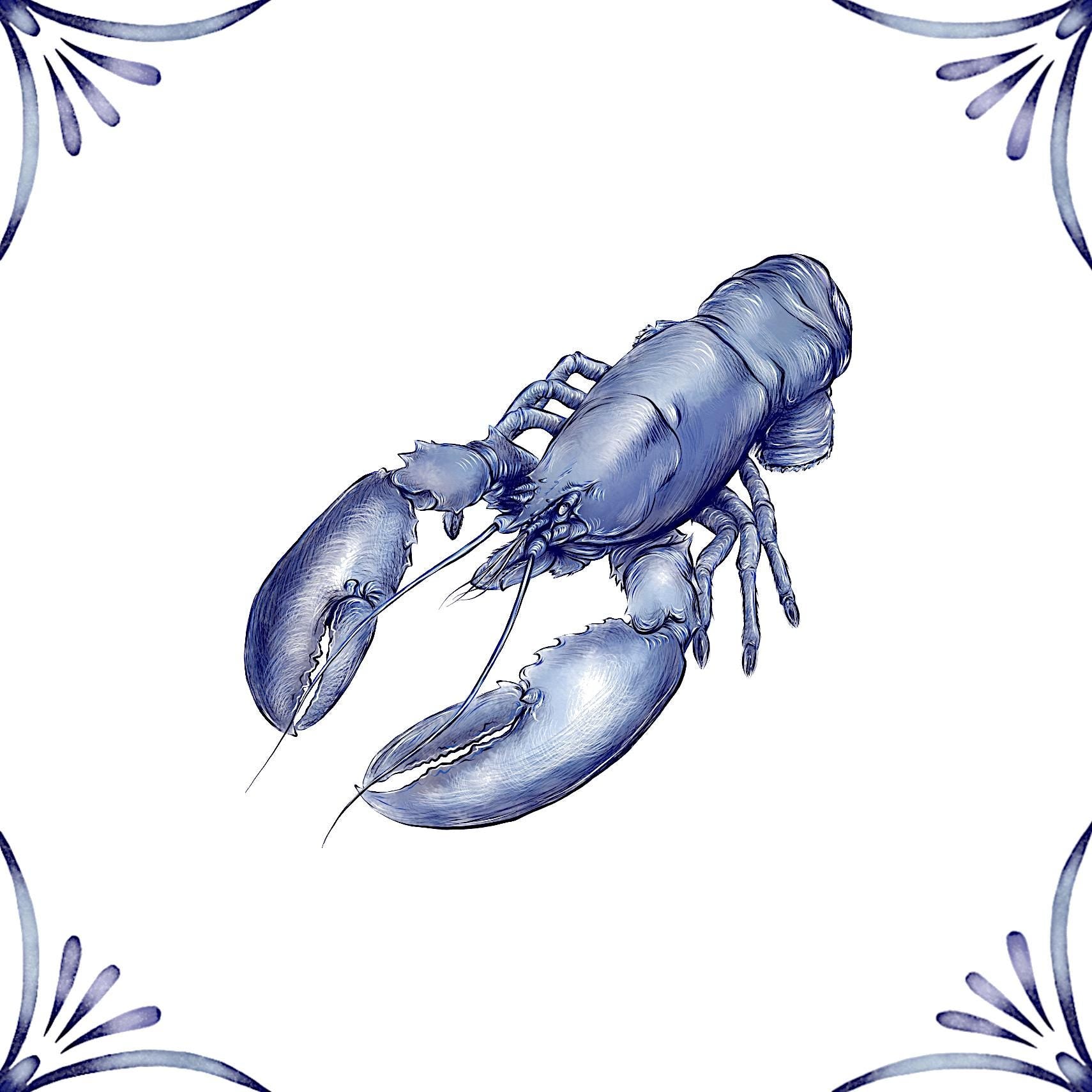 Delft Blue Ceramic Tile- Lobster︱Bathroom Tile, Splashback, Kitchen Tiles, Modern Dutch Style