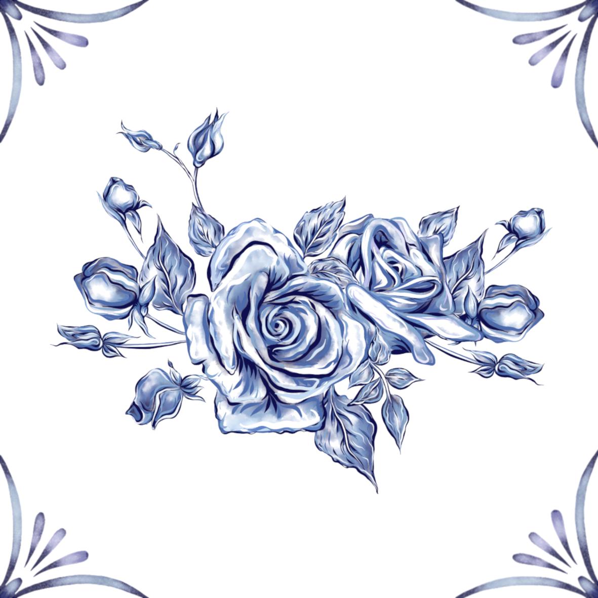 Delft Blue Ceramic Tile- Rose Cluster︱Bathroom Tile, Splashback, Kitchen Tiles, Modern Dutch Style