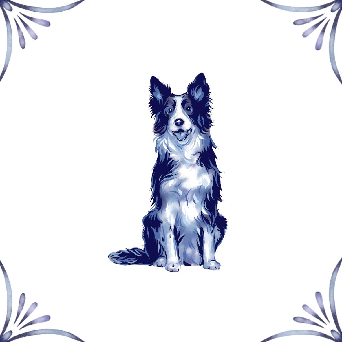 Delft Blue Ceramic Tile- Border Collie Dog︱Bathroom Tile, Splashback, Kitchen Tiles, Modern Dutch Style