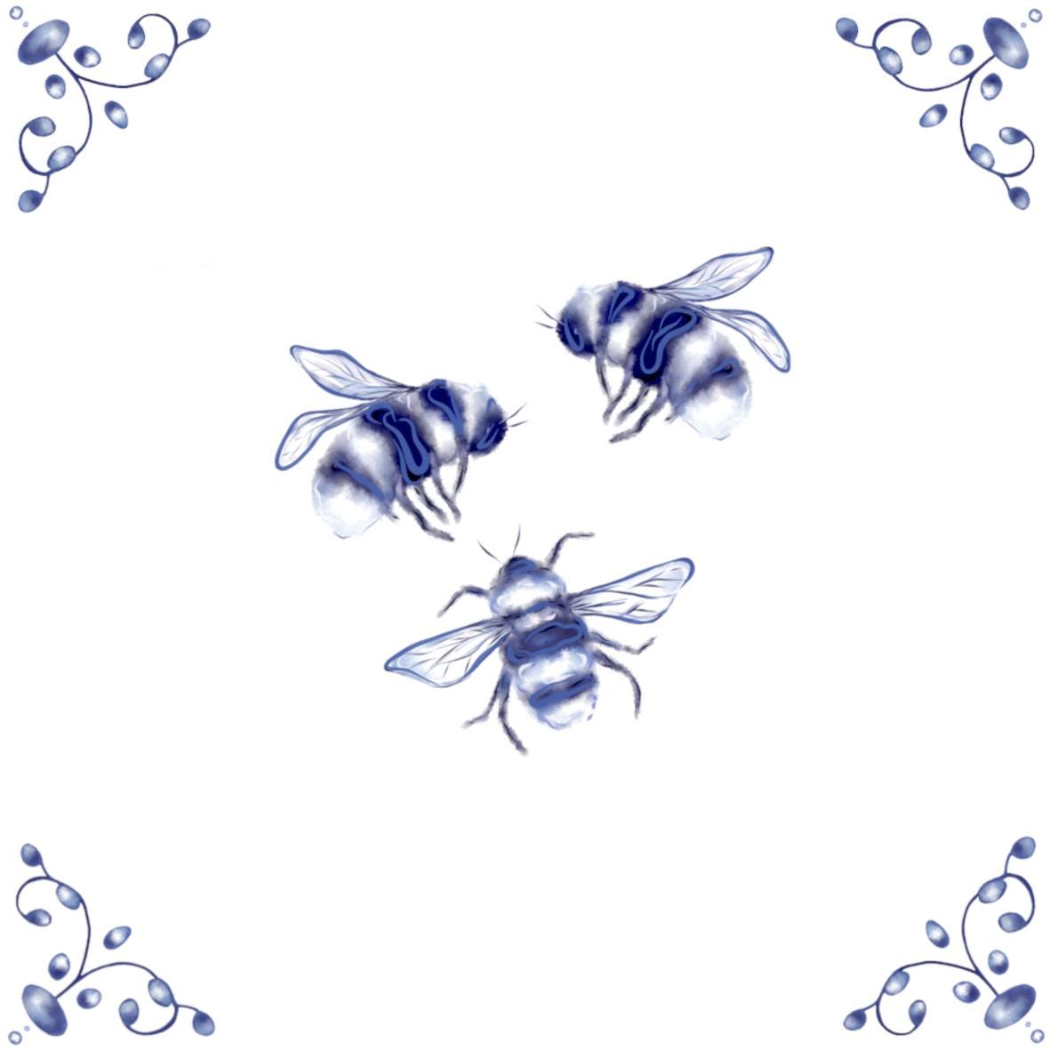 Delft Blue Ceramic Tile- Bees︱Bathroom Tile, Splashback, Kitchen Tiles, Modern Dutch Style